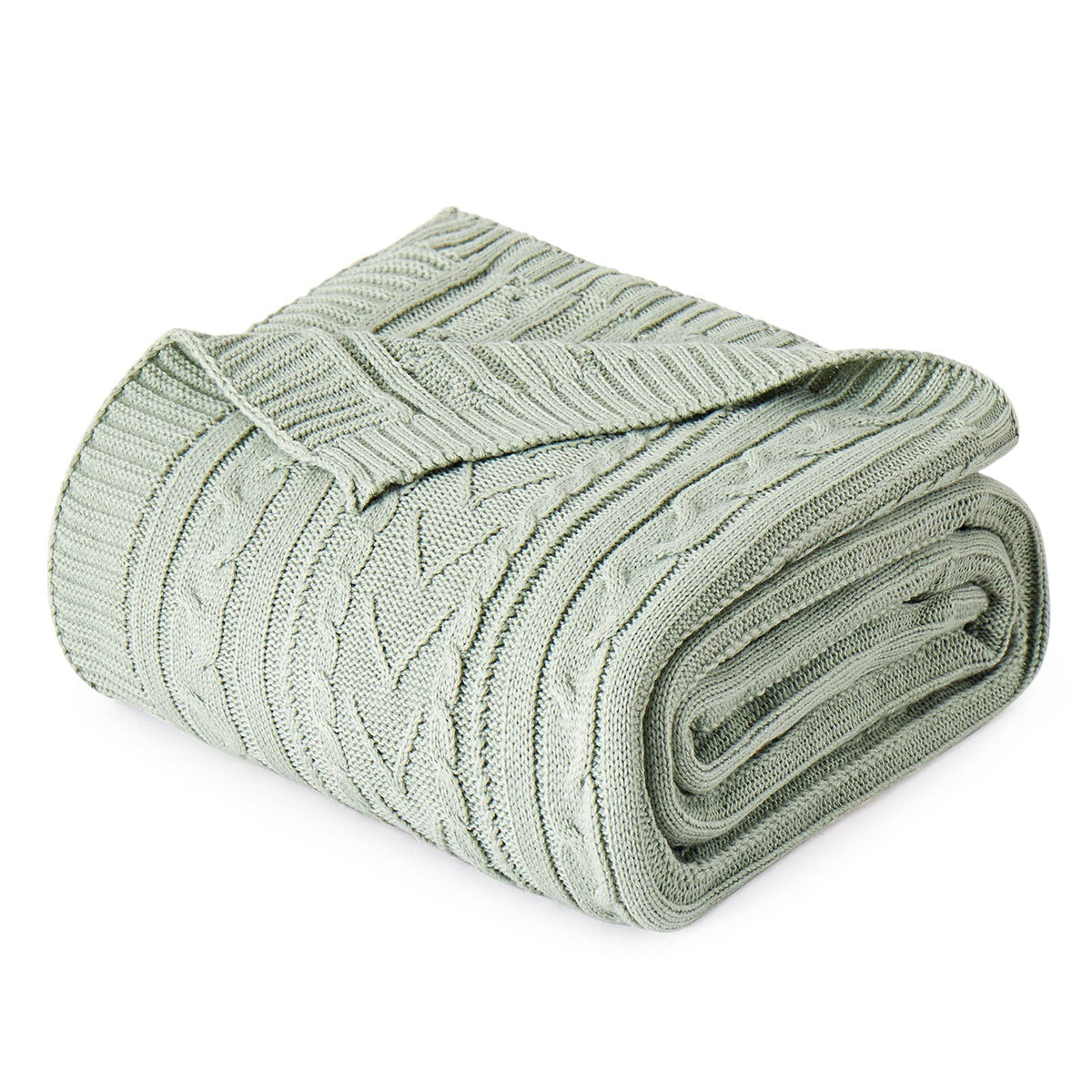 Aormenzy Sage Green Cable Knit Throw Blanket Queen Size For Bed Couch Sofa, Super Soft Cozy Knitted Blanket 90' X 90' Bed Blan