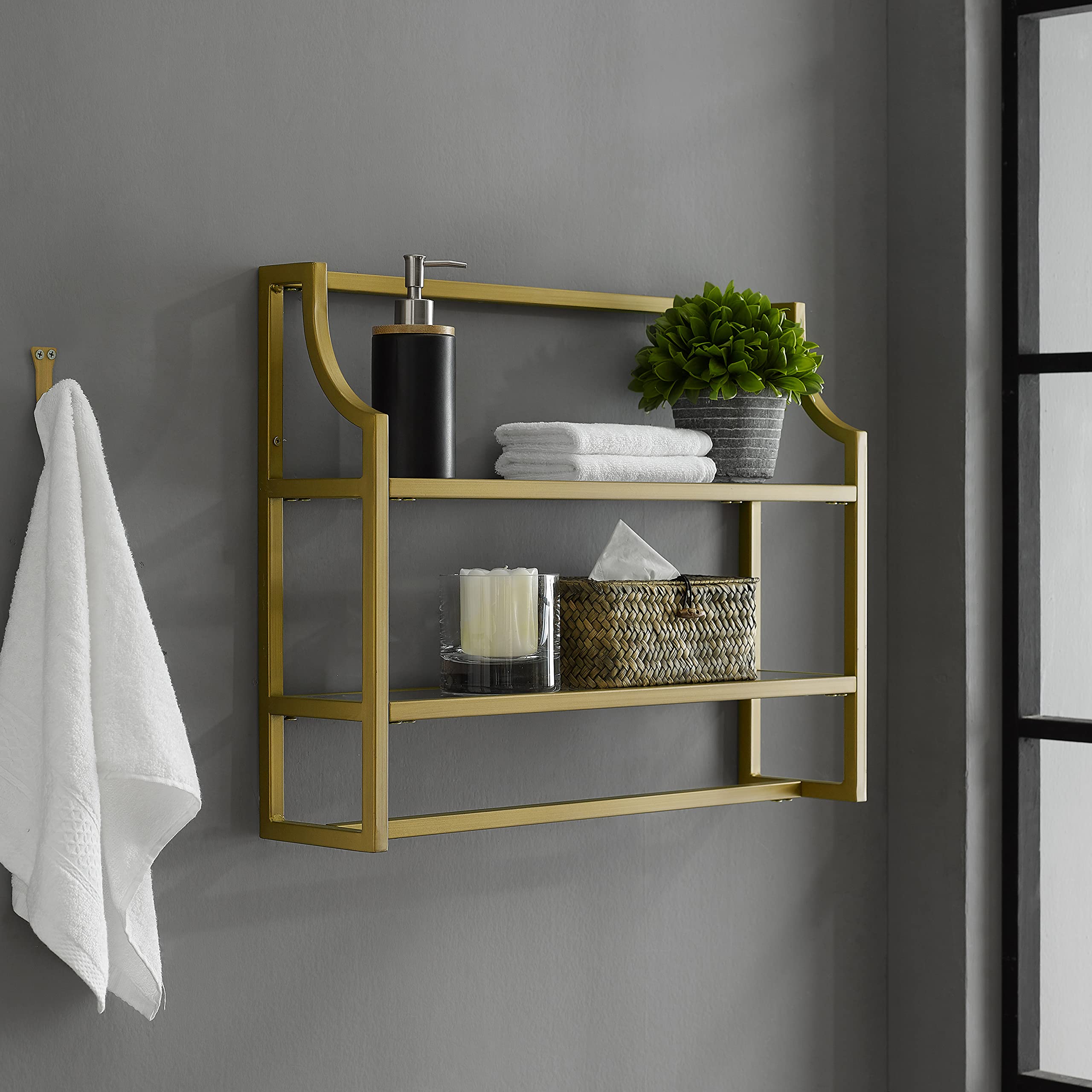 Crosley Furniture Aimee Wall Mounted Bathroom Storage Shelf with Towel Rack and Shelves, Gold