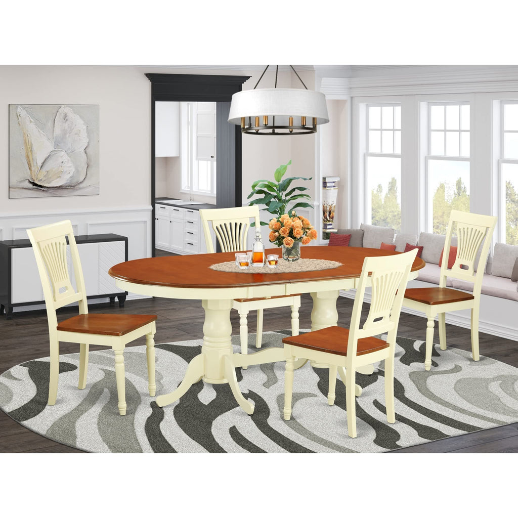 East West Furniture PLAI5-WHI-W 5 Piece Dining Room Furniture Set Includes an Oval Wooden Table with Butterfly Leaf and 4 Kitchen Dining Chairs, 42x78 Inch, Buttermilk & Cherry
