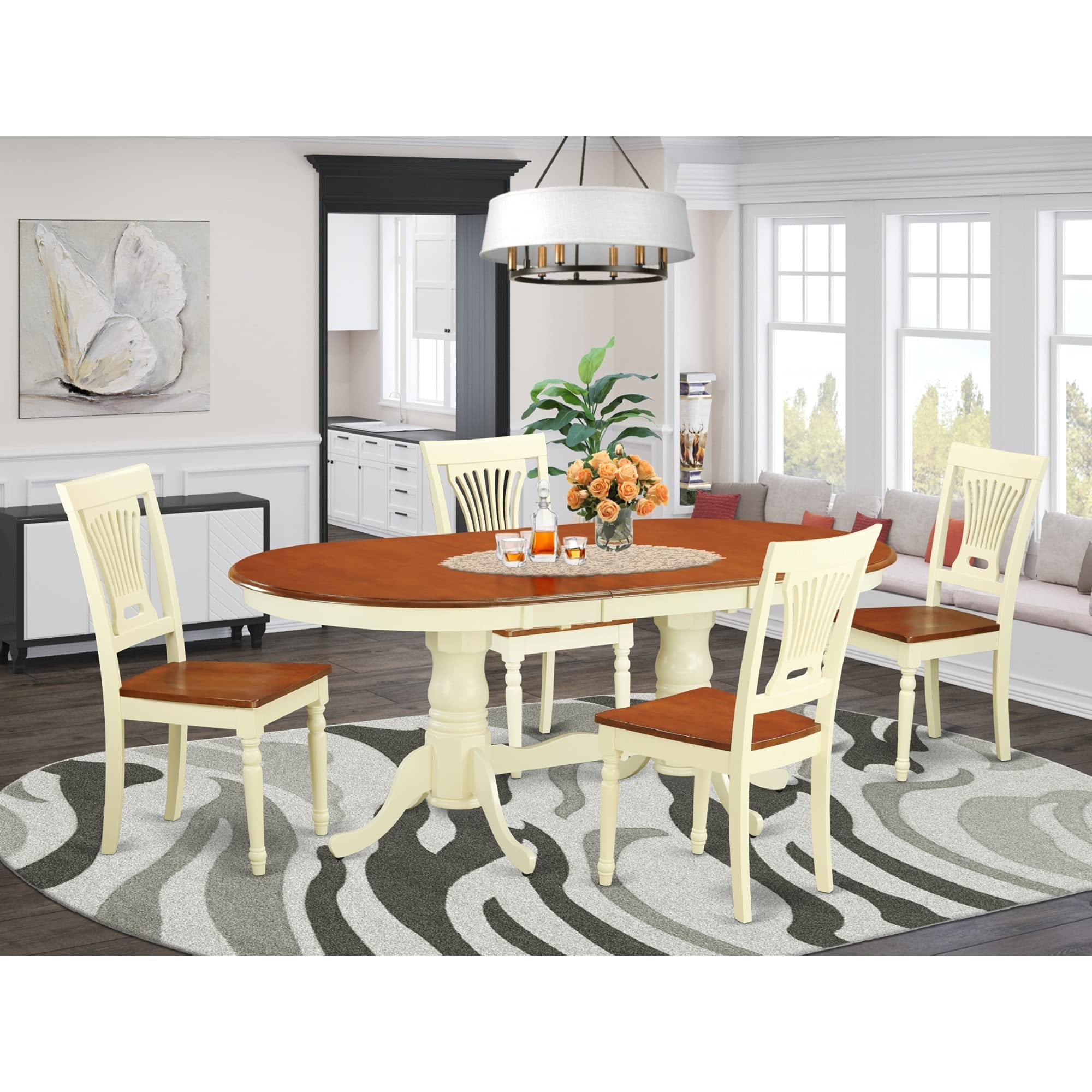 East West Furniture PLAI5-WHI-W 5 Piece Dining Room Furniture Set Includes an Oval Wooden Table with Butterfly Leaf and 4 Kitchen Dining Chairs, 42x78 Inch, Buttermilk & Cherry