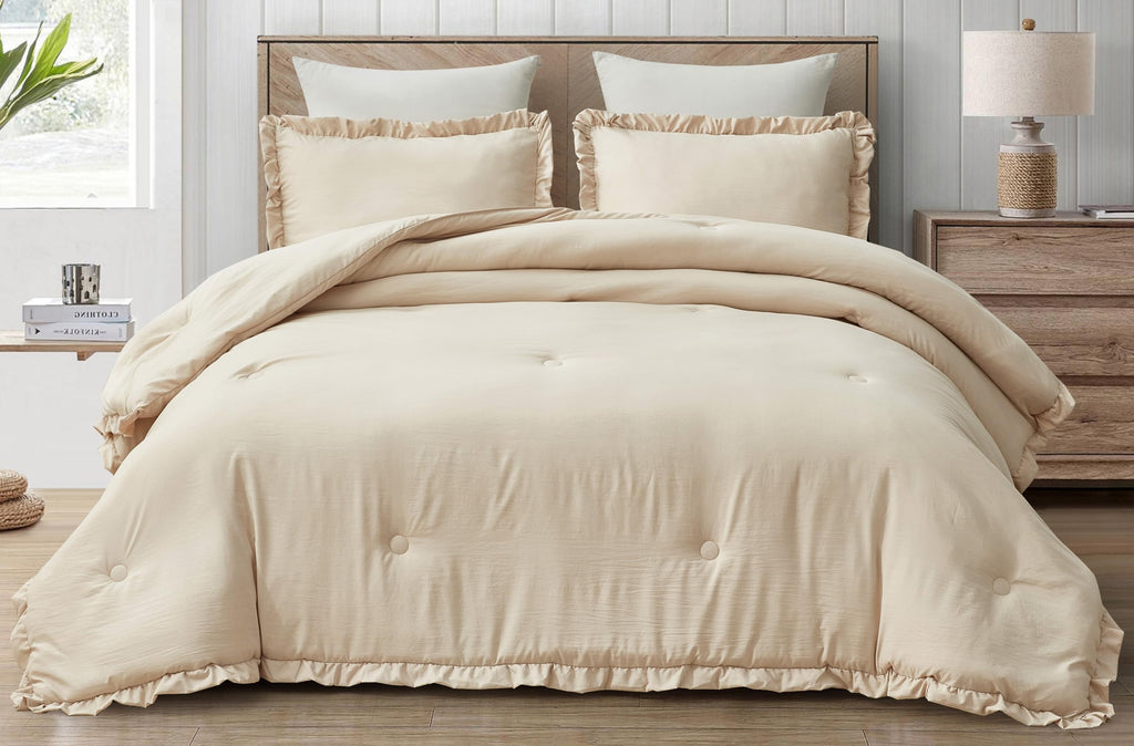 Chezmoi Collection Nora Light Sand Comforter Set King Size 3-Piece Fluffy Soft Lightweight Bedding Ruffled Edge Trim Stone-Washe