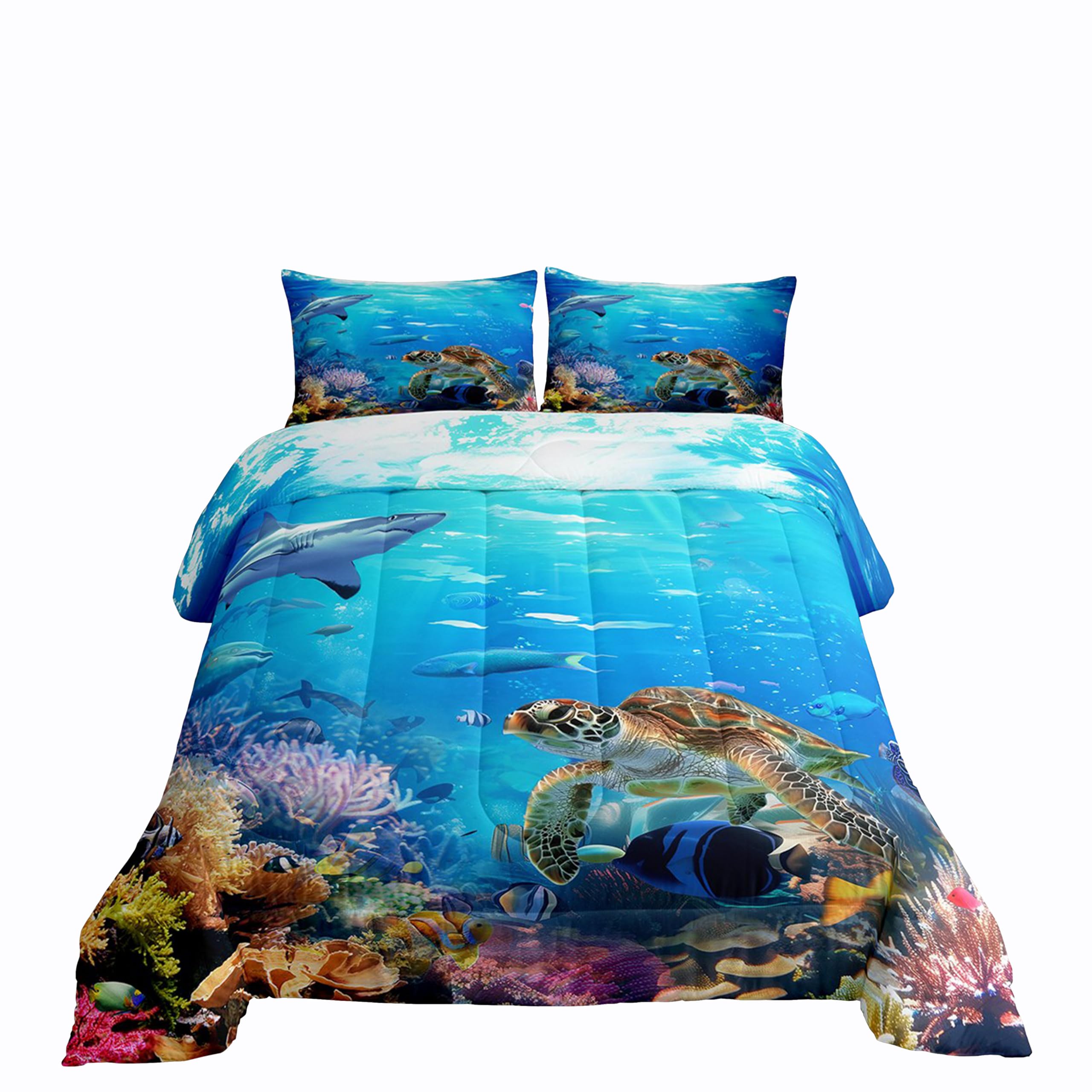 Erosebridal Sea Turtle Comforter Set Twin Size,Shark Bedding Set,Ocean Animals Fishes Down Comforter,Tortoise Rainbow Coral Duve