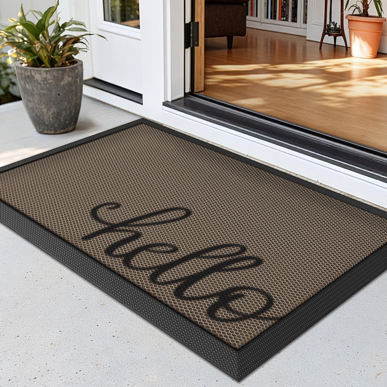 LUMI Outside Welcome Door Mat 17x30, Non Slip Durable Rubber Entrance Doormat, Low Profile Easy Clean Mats for Front Back Door E