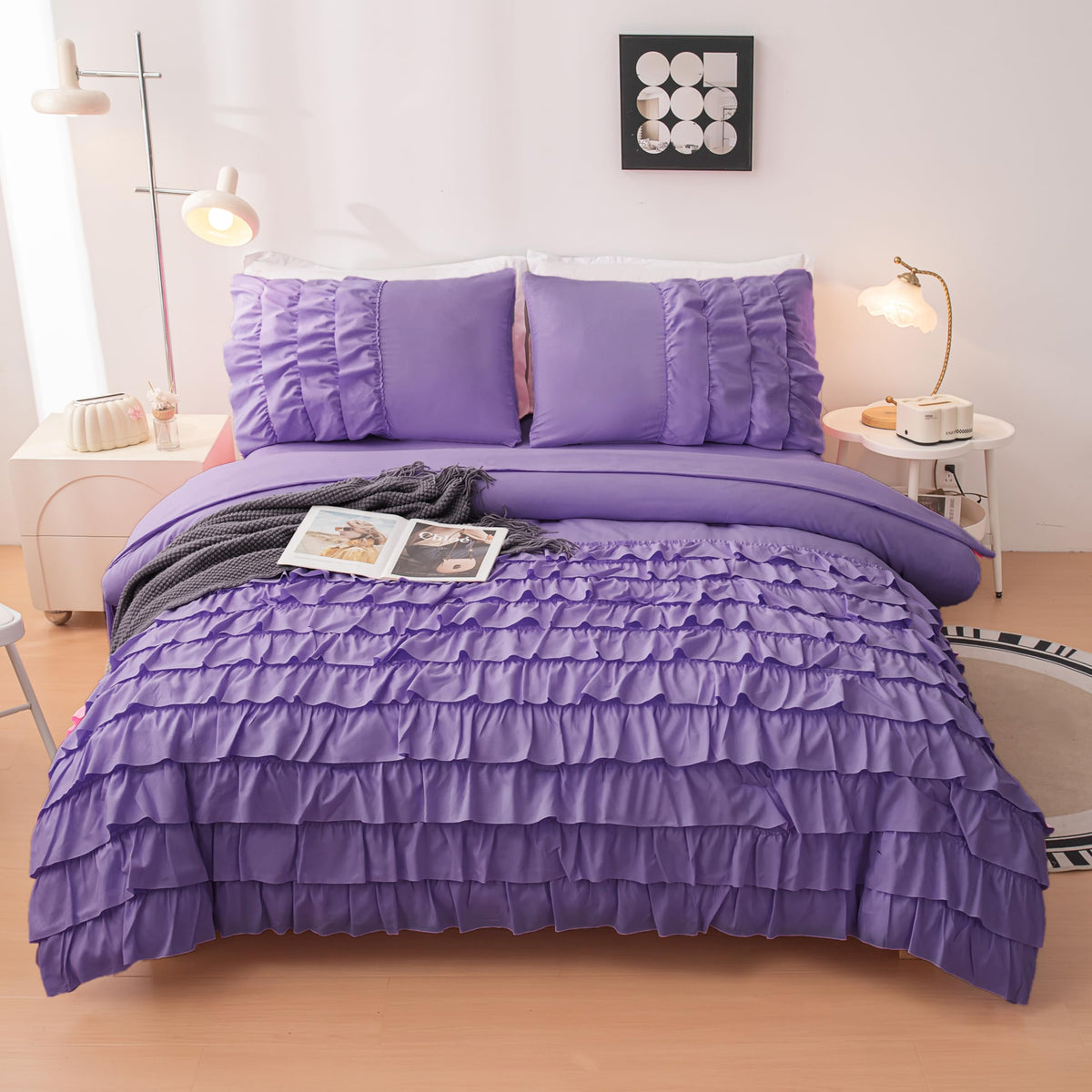 Yadangxiawa Teen Girls Purple Princess Dress Comforter Set Full Size, 5 Pcs Bed In A Bag Girls Full, Girls Purple Ruffled Beddin