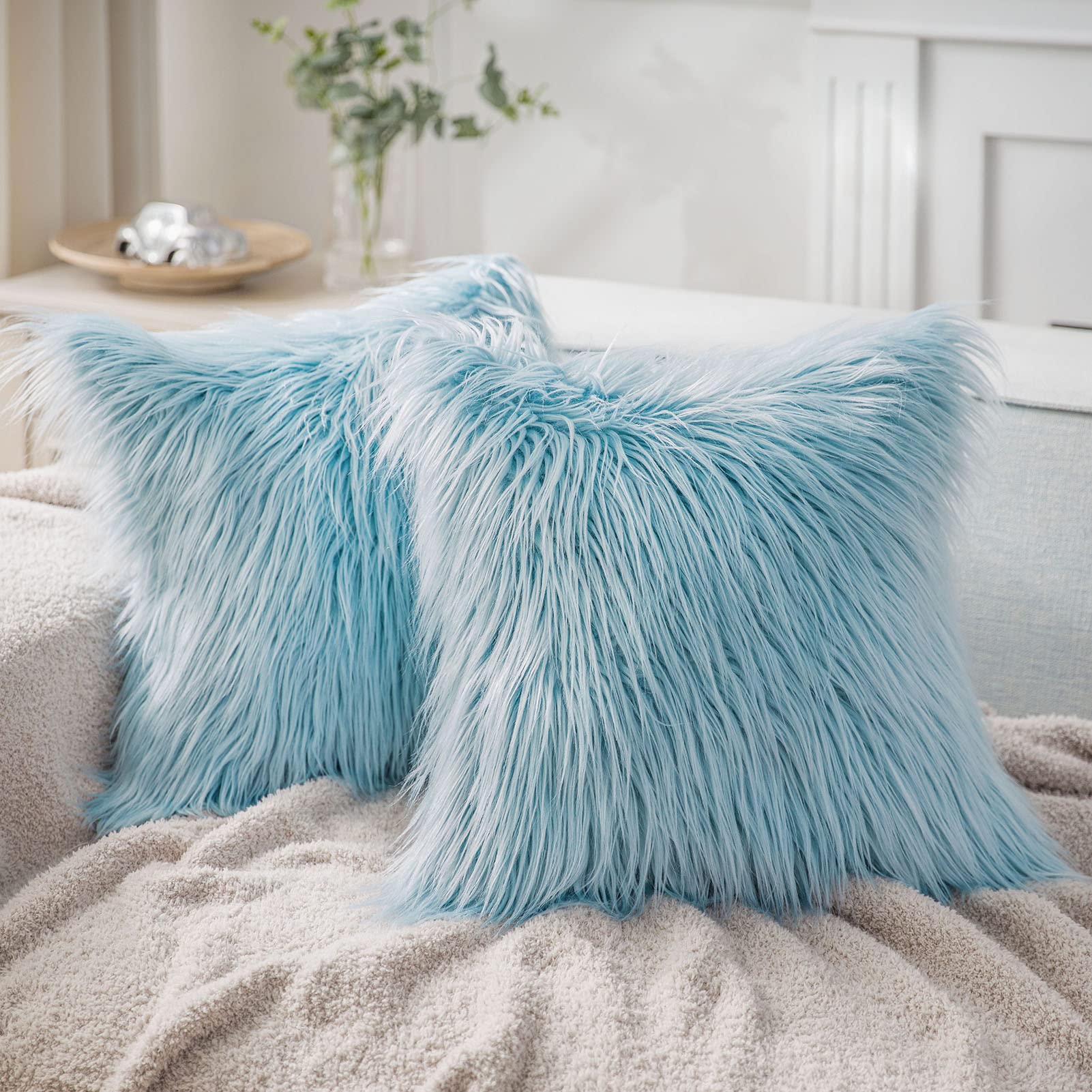 Phantoscope Pack Of 2 Faux Fur Solid Throw Decorative Pillow Cover Cushion Covers Luxury Soft Decorative Pillowcase Fuzzy Pillow Covers For Bed/Couch,Light Blue 18 X 18 Inches…