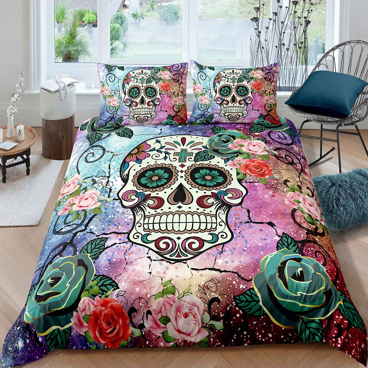 Feelyou Sugar Skull Comforter Cover Set Queen Size Teen Girl Bedding Set Sugar Skull Decor Bedding Skull Bones Skeleton Roses Fl