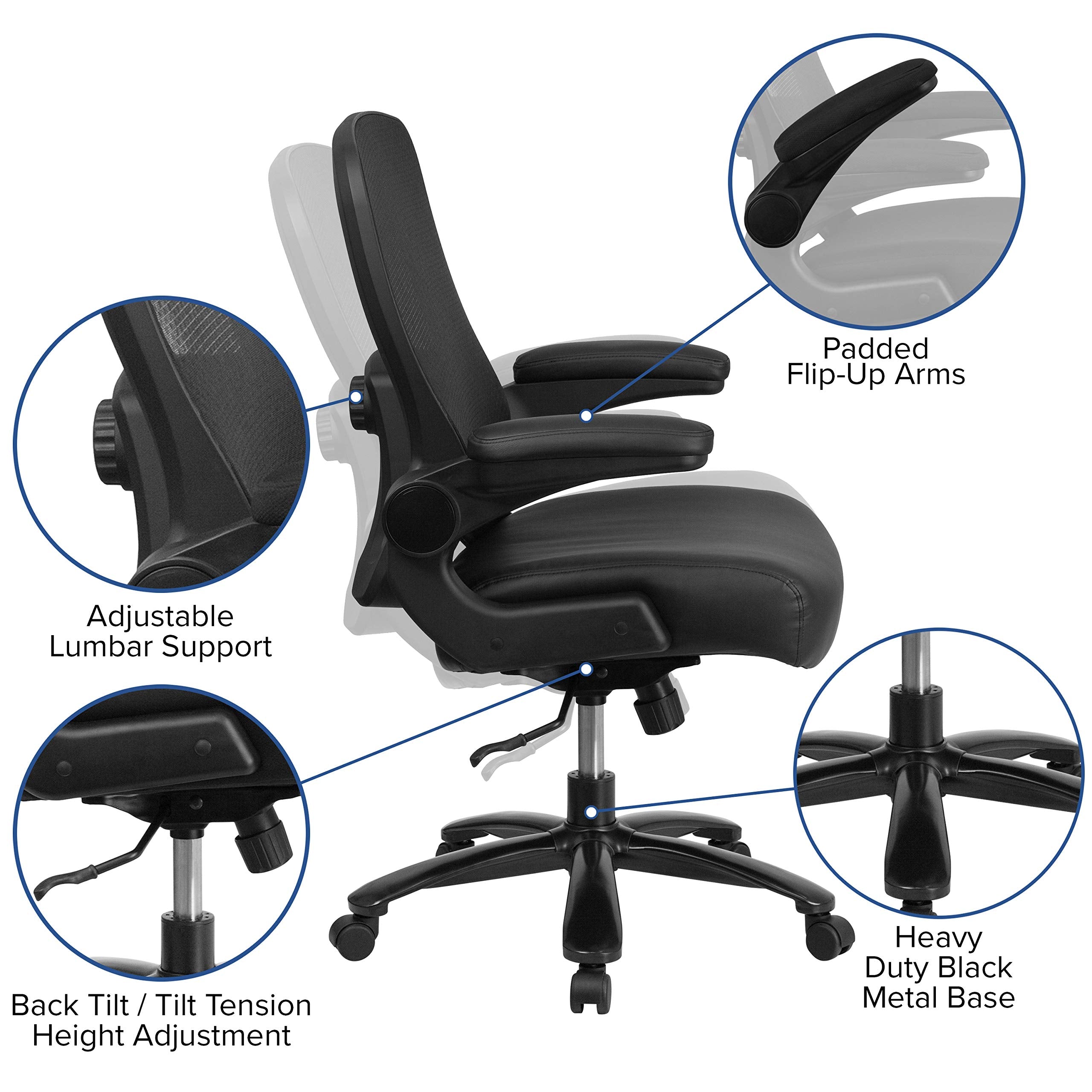Flash Furniture Big & Tall Swivel Office and Gaming Chair with LeatherSoft Seat, Mesh Office Chair with Flip-Up Armrests and Adjustable Height, Black