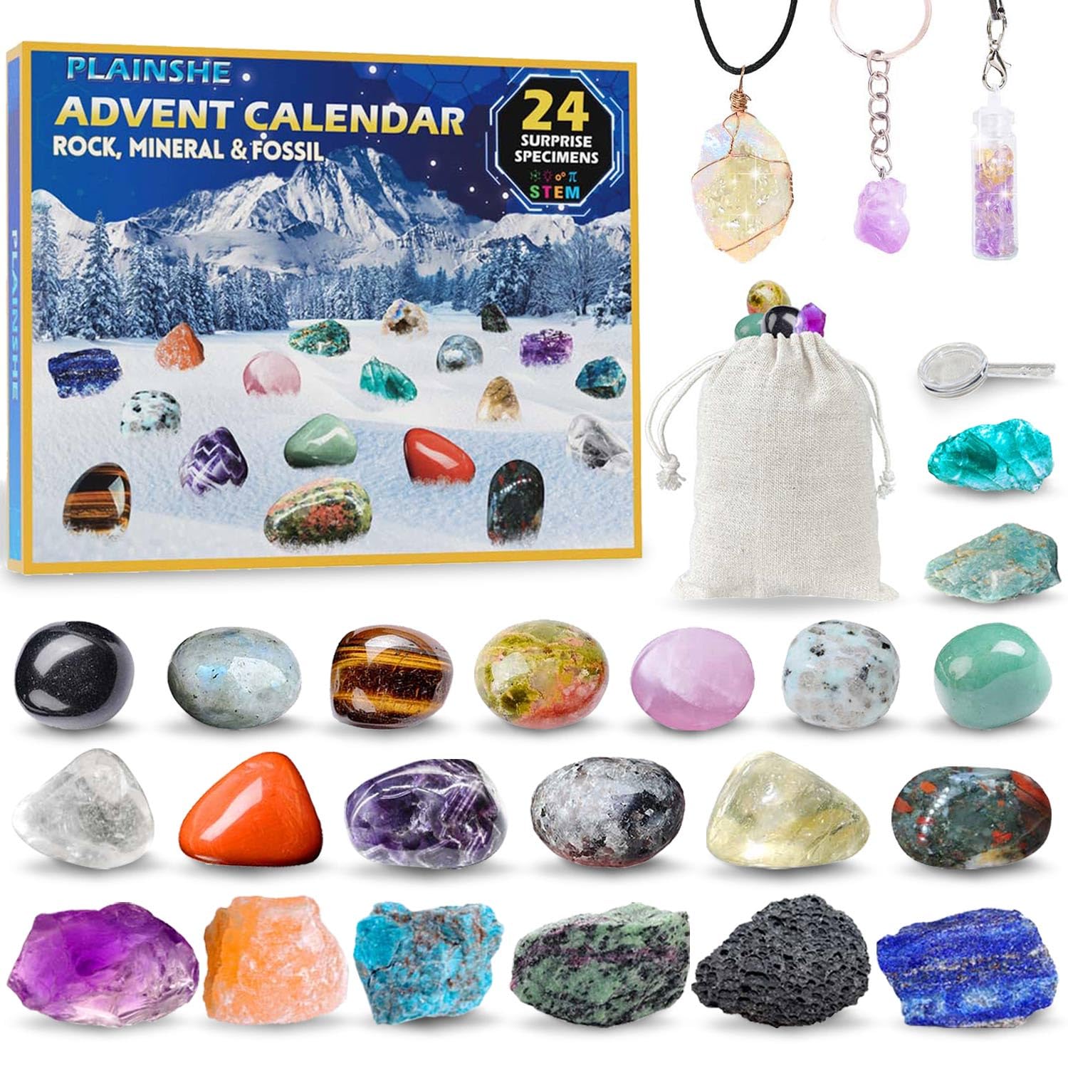 Advent Calendar 2024, Rock Collection Advent Calendar, Advent Calendars for Kids with 24 Gemstones, Minerals & Fossils, 24 Days 