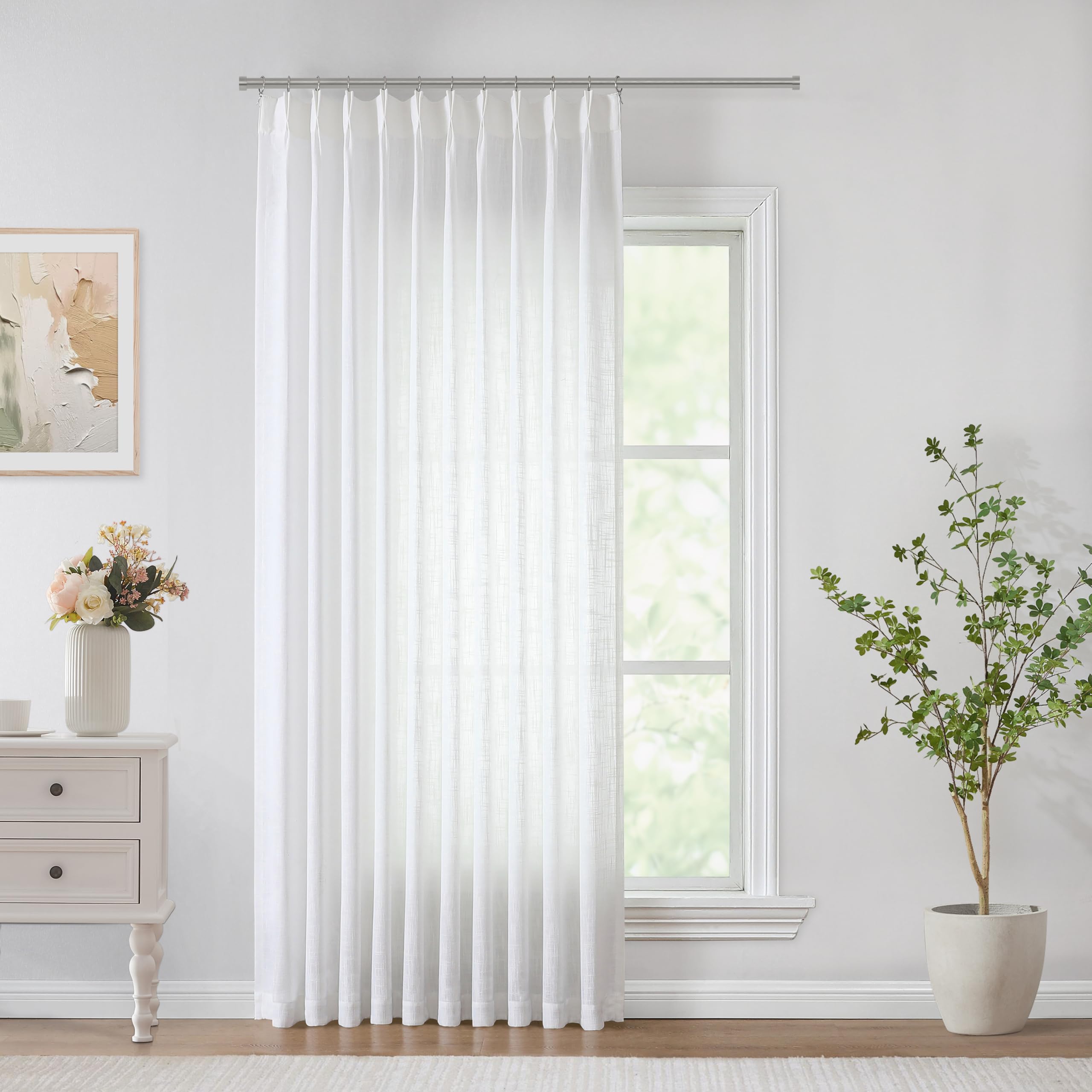 Vision Home White Pinch Pleated Semi Sheer Curtains Textured Light Filtering Window Curtains 102 Inch For Living Room Bedroom Pa