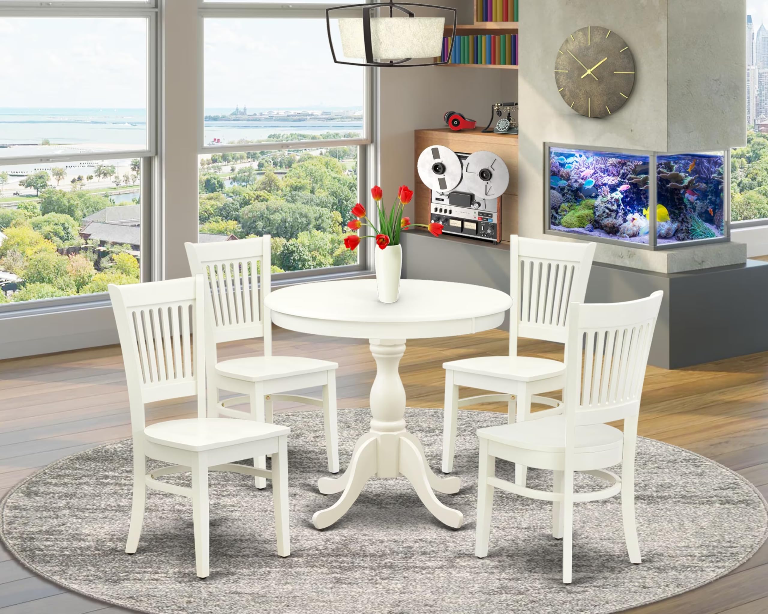 East West Furniture Amva5-Lwh-W 5 Piece Kitchen Table & Chairs Set Includes A Round Dining Room Table With Pedestal And 4 Dining Chairs, 36X36 Inch, Linen White