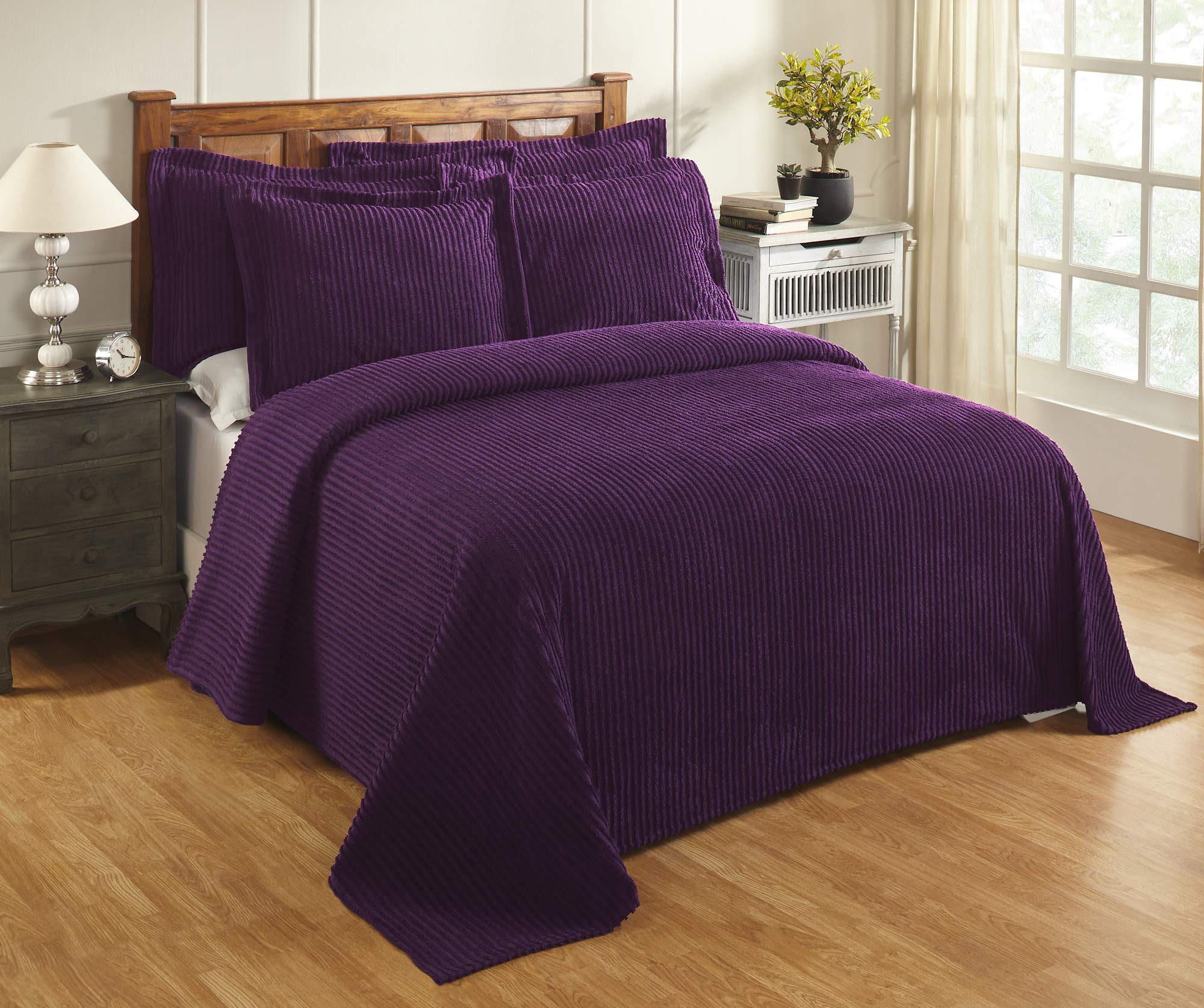 Better Trends Chenille Bedspreads King, Jullian Collection Bold Stripes Design In Plum - Super Soft, Lightweight Bedspreads, 100