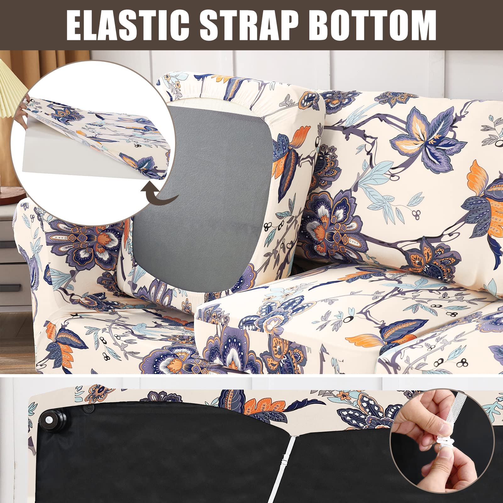 Searchi Stretch Sofa Cover Printed Couch Cover, Floral Pattern 4 Pieces Sofa Slipcover With 3 Separate Cushion Cover, Washable Furniture Protector For Living Room(Sofa, Flower Pattern)