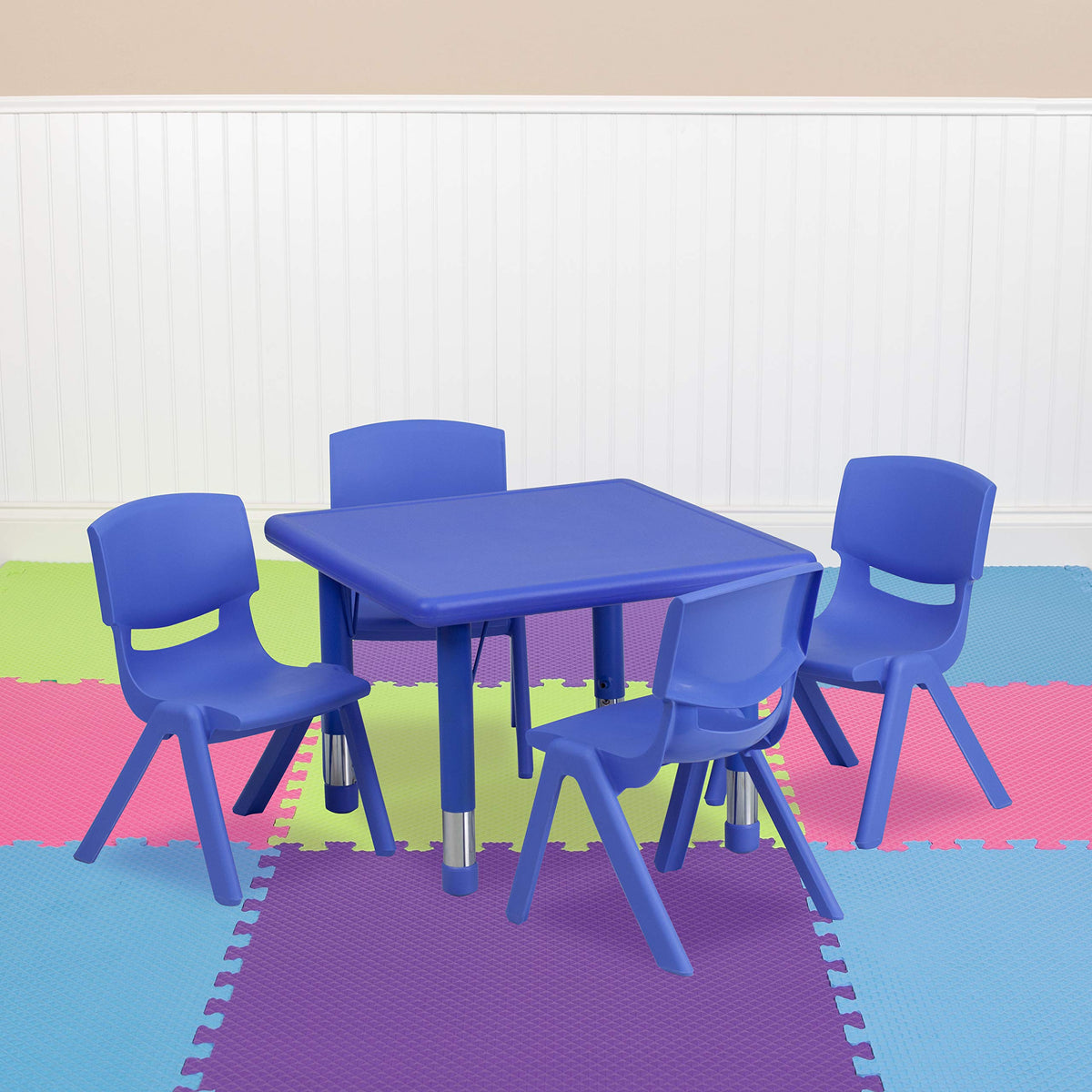 Flash Furniture Emmy 24'' Square Blue Plastic Height Adjustable Activity Table Set with 4 Chairs