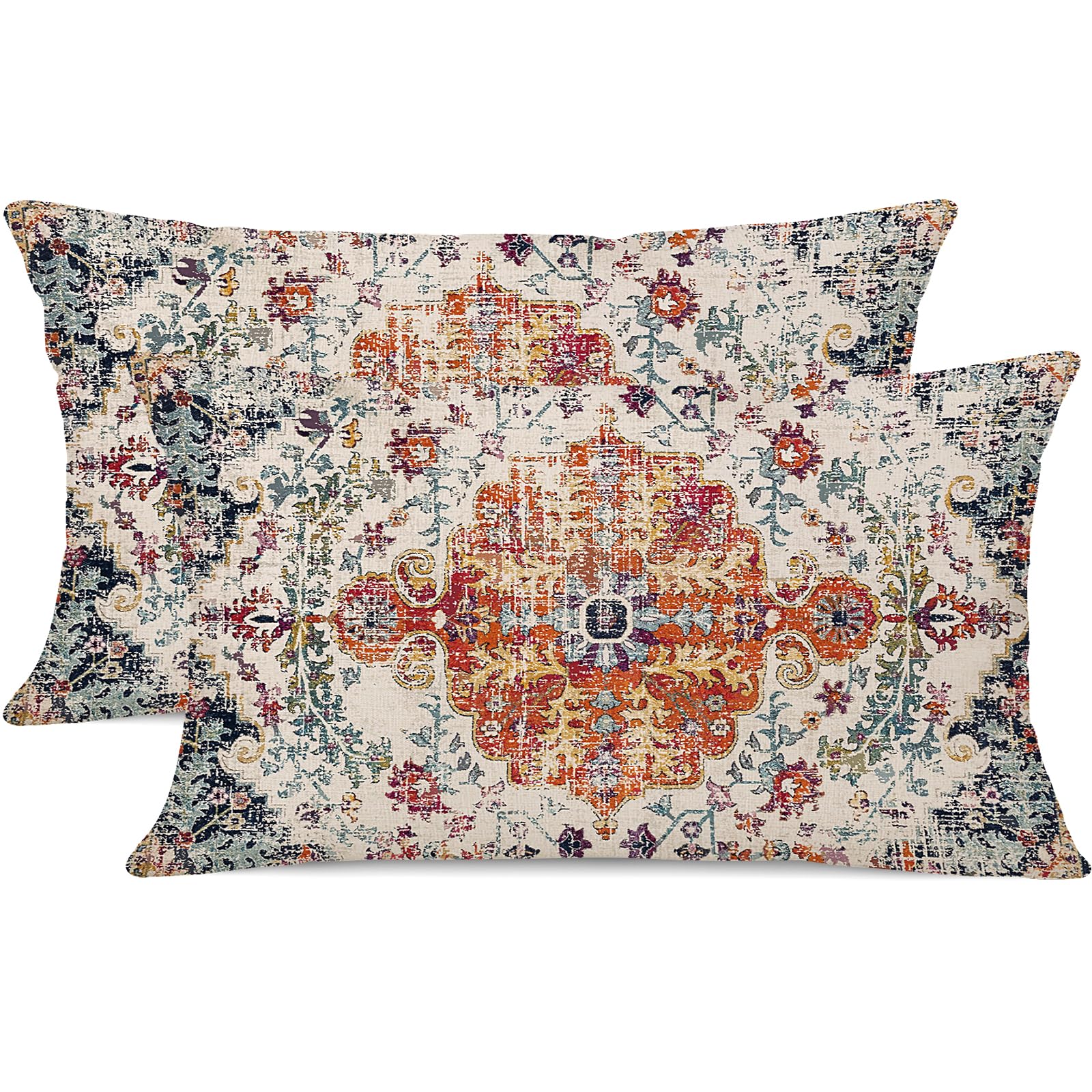 Gujiahone Outdoor Waterproof Pillow Set Of 2 - 12X20 Inch Bohemian Vintage Carpet Pattern, Blue & Burnt Orange, Ethnic Design, D