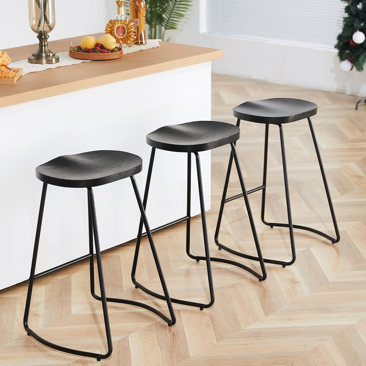 Heugah Bar Stools Set Of 3, Counter Height Saddle Seat Bar Stools, 26' Backless Barstool For Kitchen Island, Black Wood Bar Stools Easy To Assemble (Black, 3 Pcs 26Inch Counter Chair)