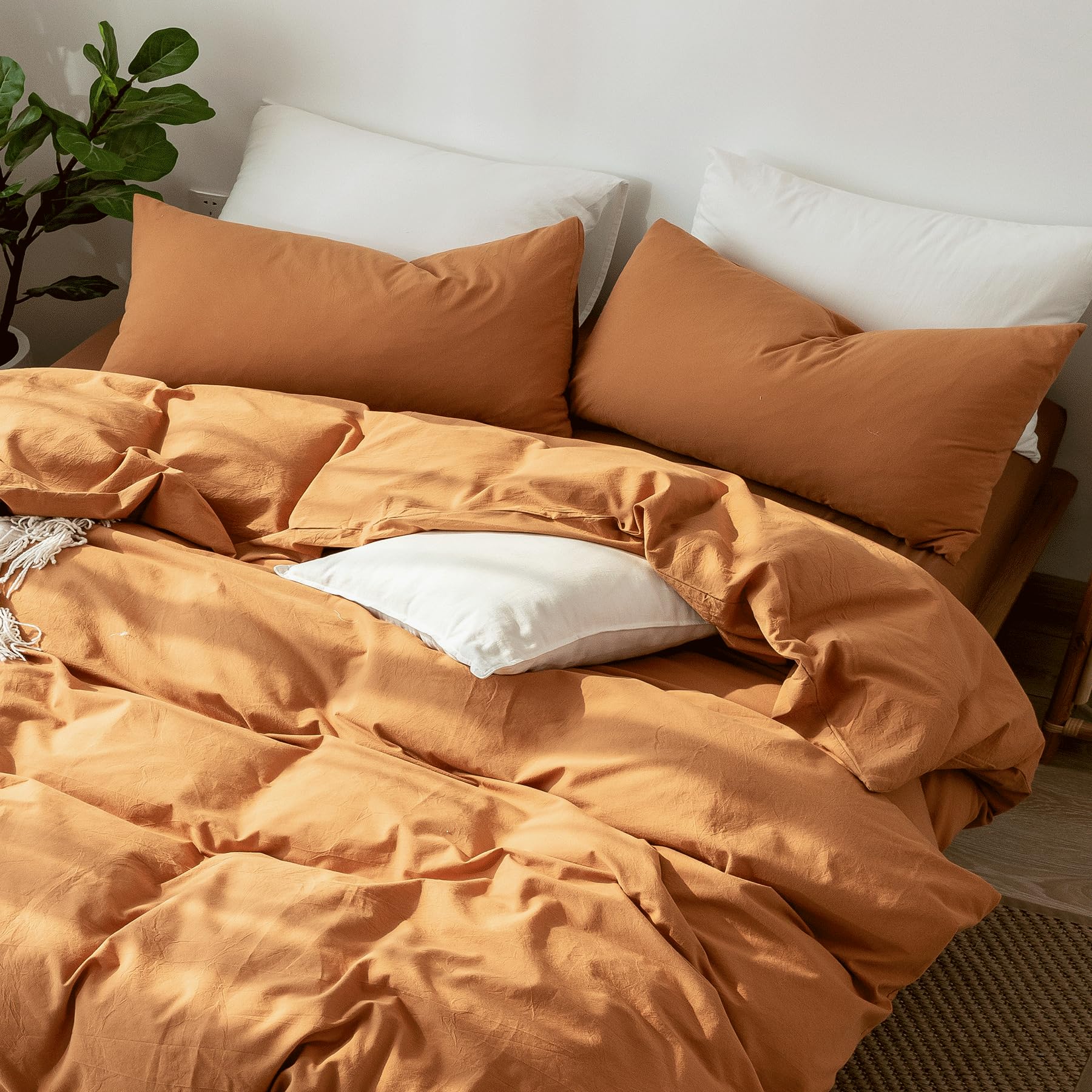 Moomee Bedding Pillowcases Pack Of 2 100% Washed Cotton Linen Like Textured Breathable Durable Soft Comfy (Burnt Orange, Queen)