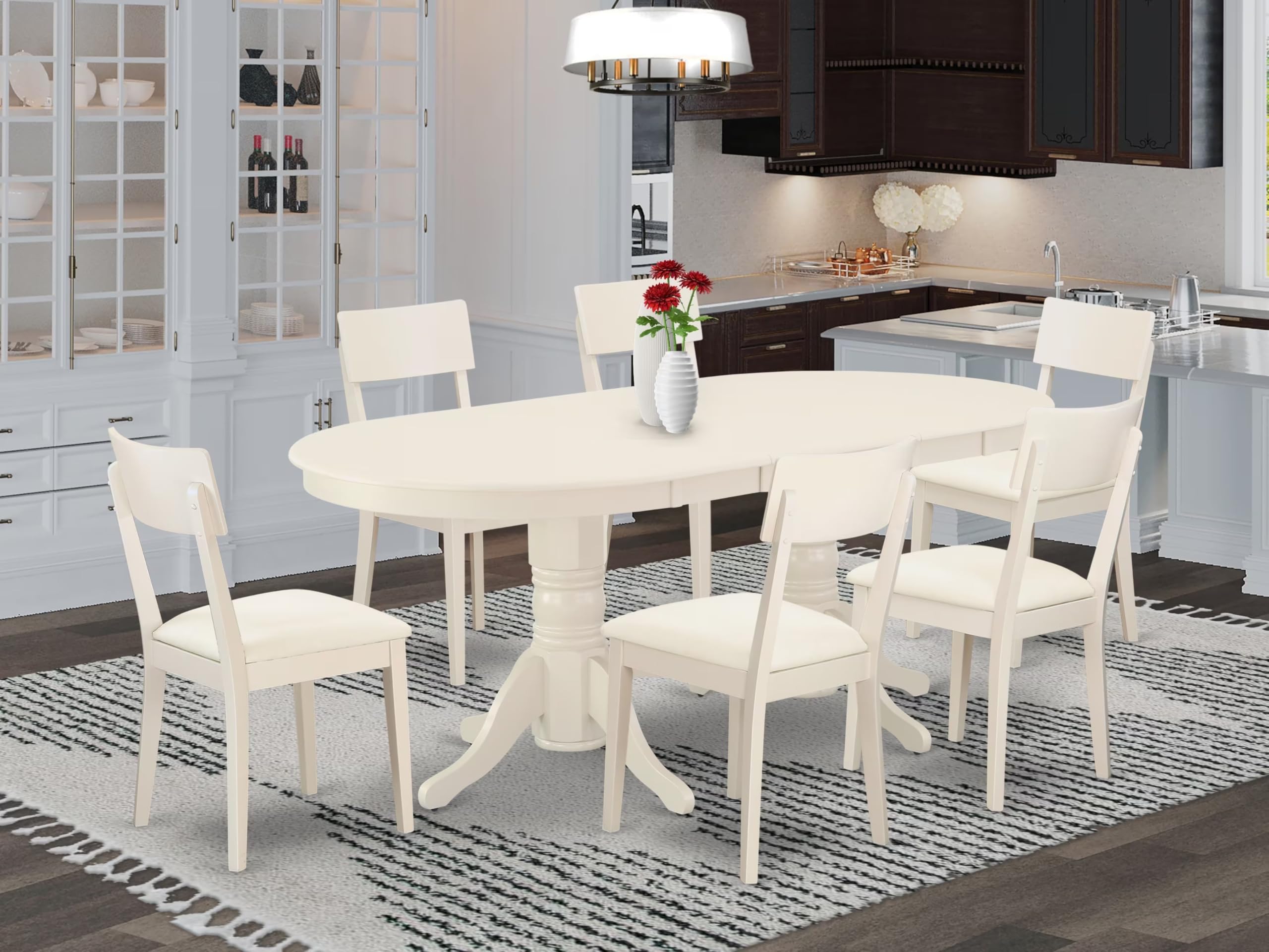 East West Furniture Vaad7-Lwh-Lc 7 Piece Dinette Set Consist Of An Oval Dining Room Table With Butterfly Leaf And 6 Faux Leather Upholstered Dining Chairs, 40X76 Inch, Linen White