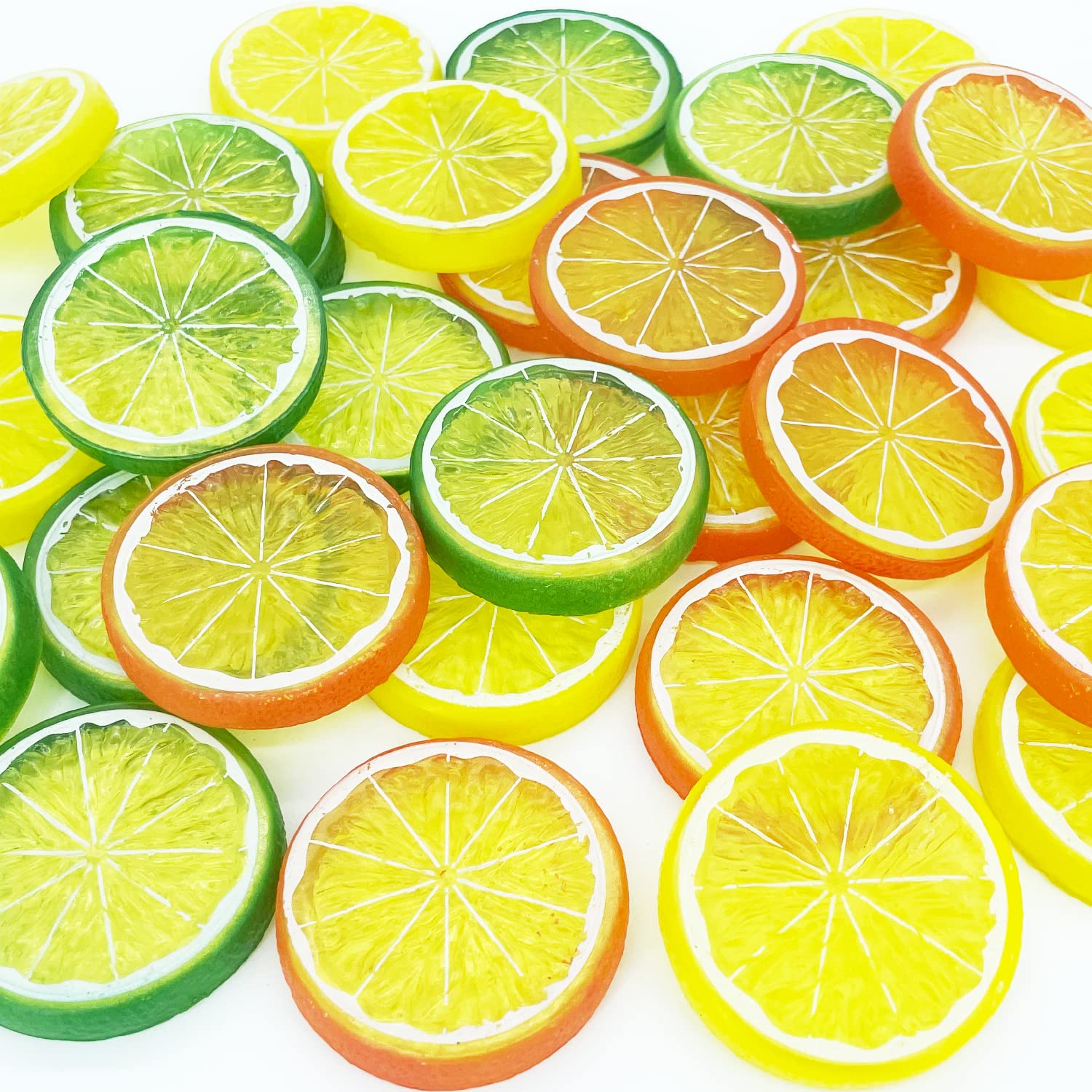 Lorigun 30Pcs Fake Lemon Slice Garnish Artificial Fruit Faux Food House Bar Decoration Cocktail Party Arrangement(Red Green Yell