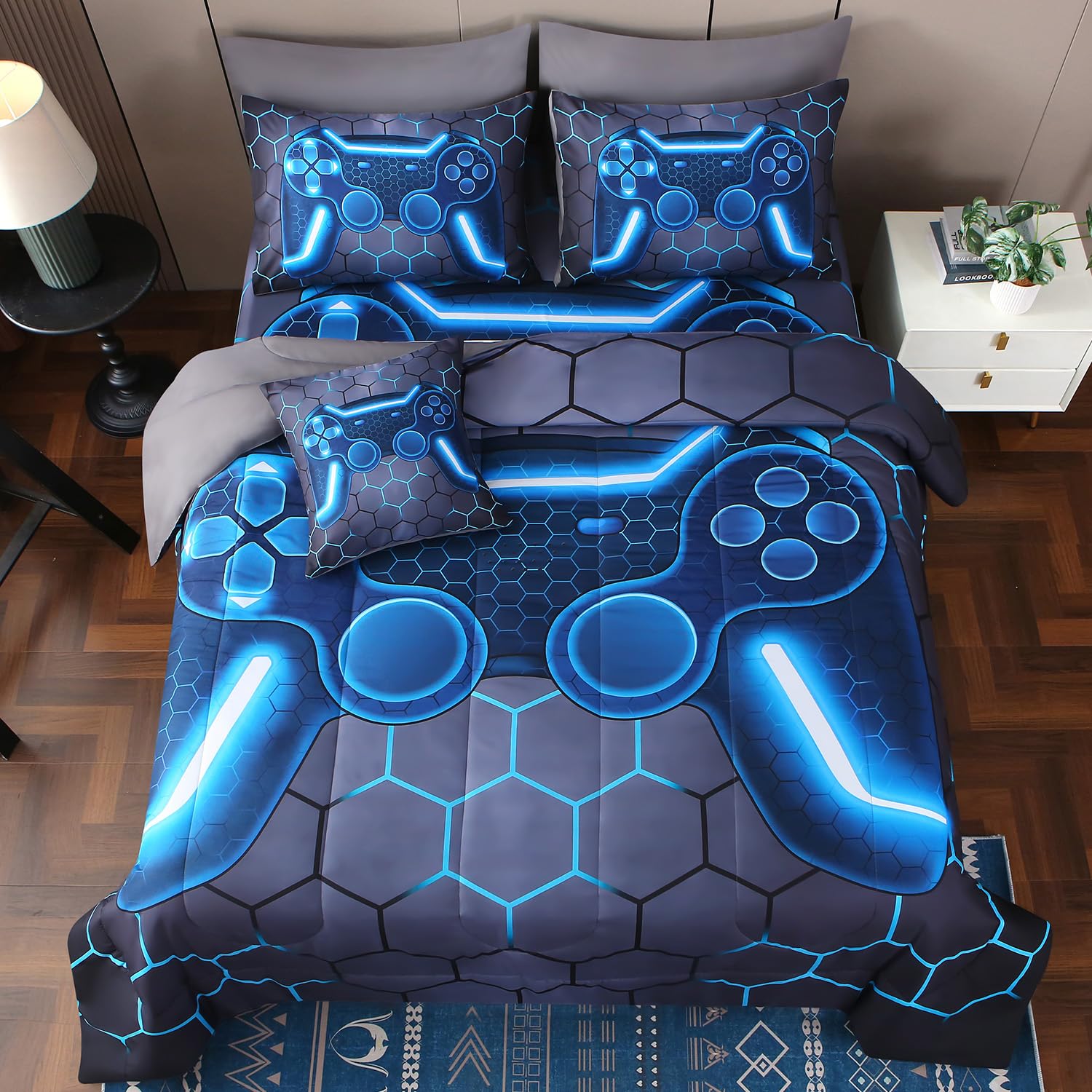 JQinHome Twin Gamer Comforter Set 8 Piece Bed in A Bag for Boys,3D Video Game Bedding -All Season Soft Microfiber Down Alternati