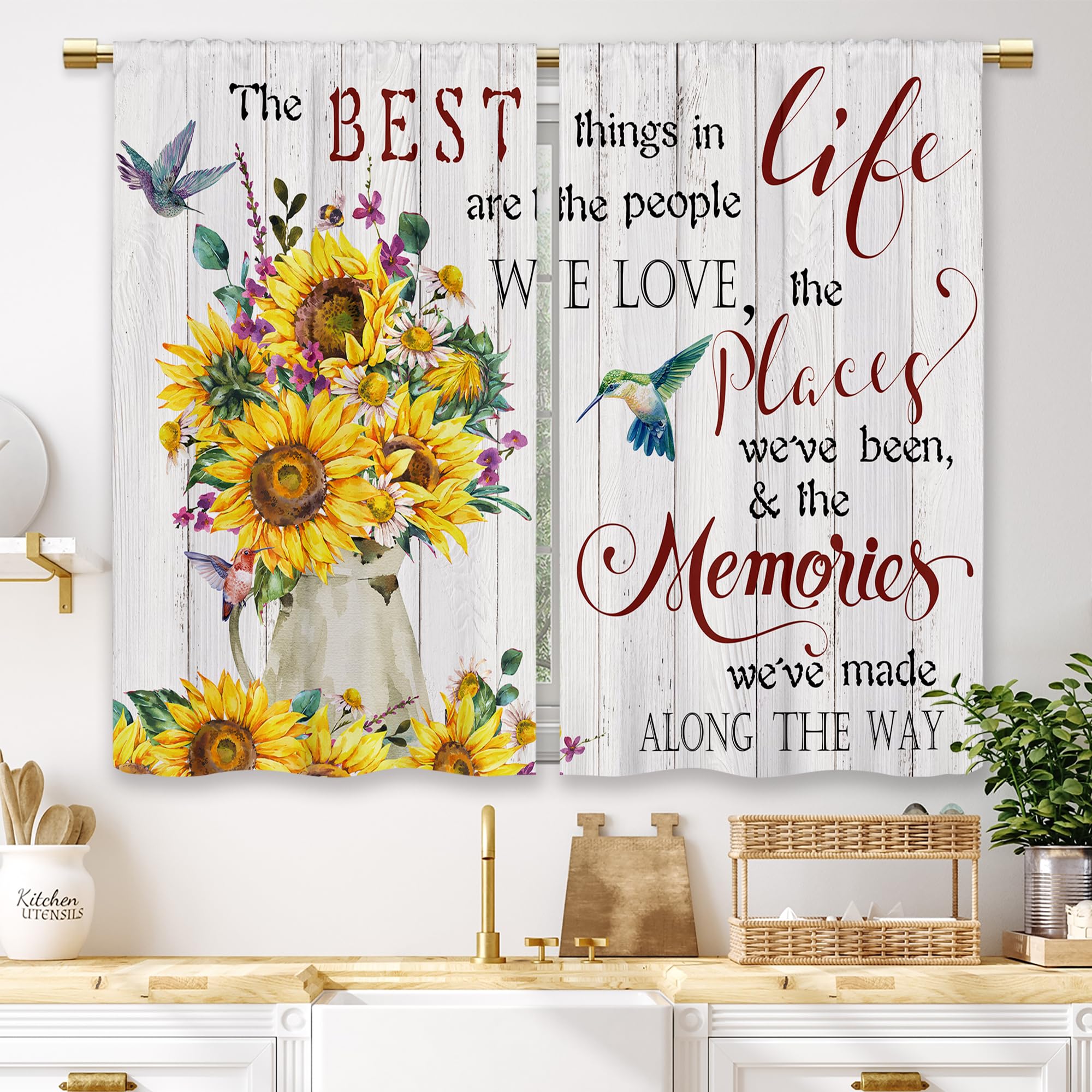 Laifzere Rustic Sunflower Vase Kitchen Curtains Farmhouse Flower Floral Quotes Inspirational Small Short Cafe Window Curtains Wo