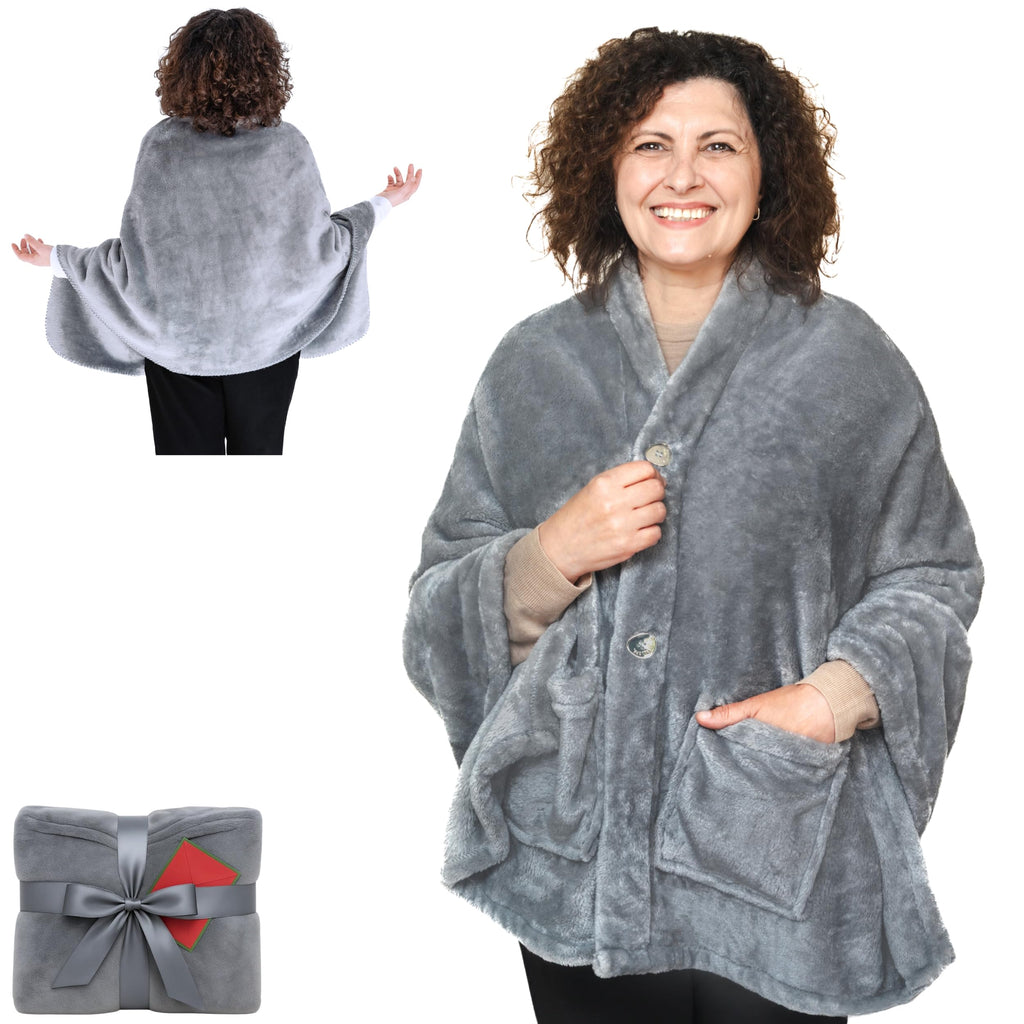 EzrAllora Fleece Poncho Blanket - Wearable Shawl Wrap - Lightweight - Silver Grey