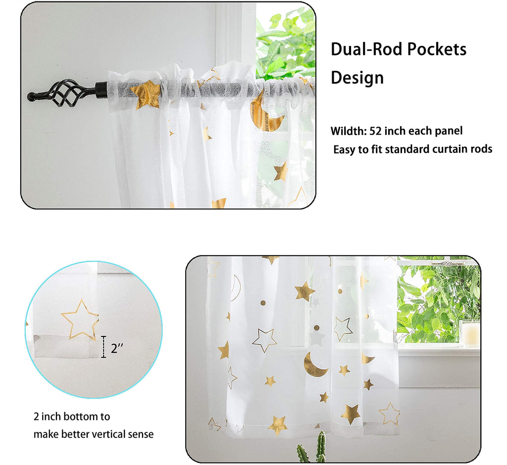 Cute Star Moon Sheer Curtains 84 Inch Length For Boys Girls Bedroom - Rod Pocket Light Filtering Starry Night Theme Gold Foil Pr