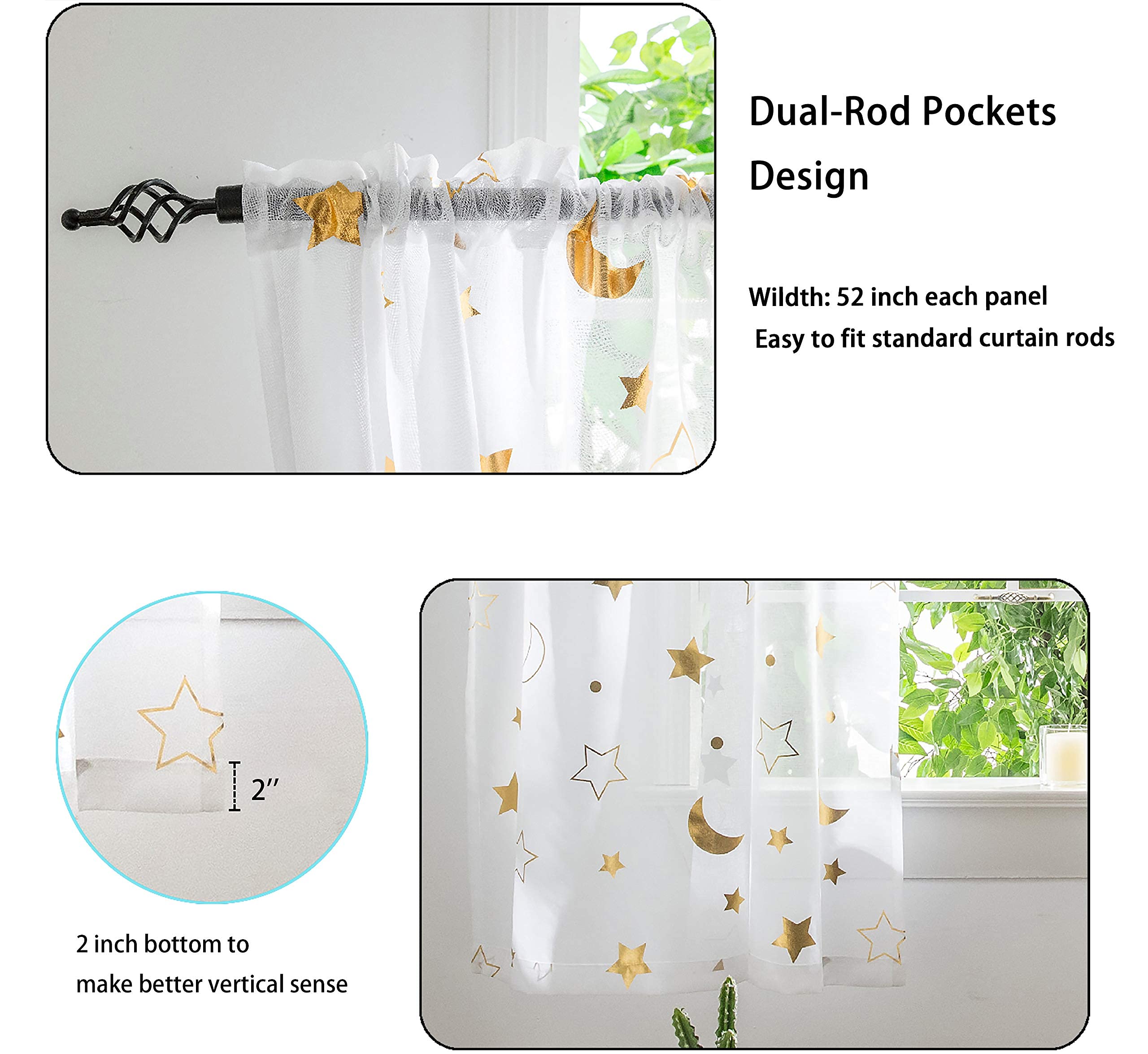 Cute Star Moon Sheer Curtains 84 Inch Length For Boys Girls Bedroom - Rod Pocket Light Filtering Starry Night Theme Gold Foil Pr