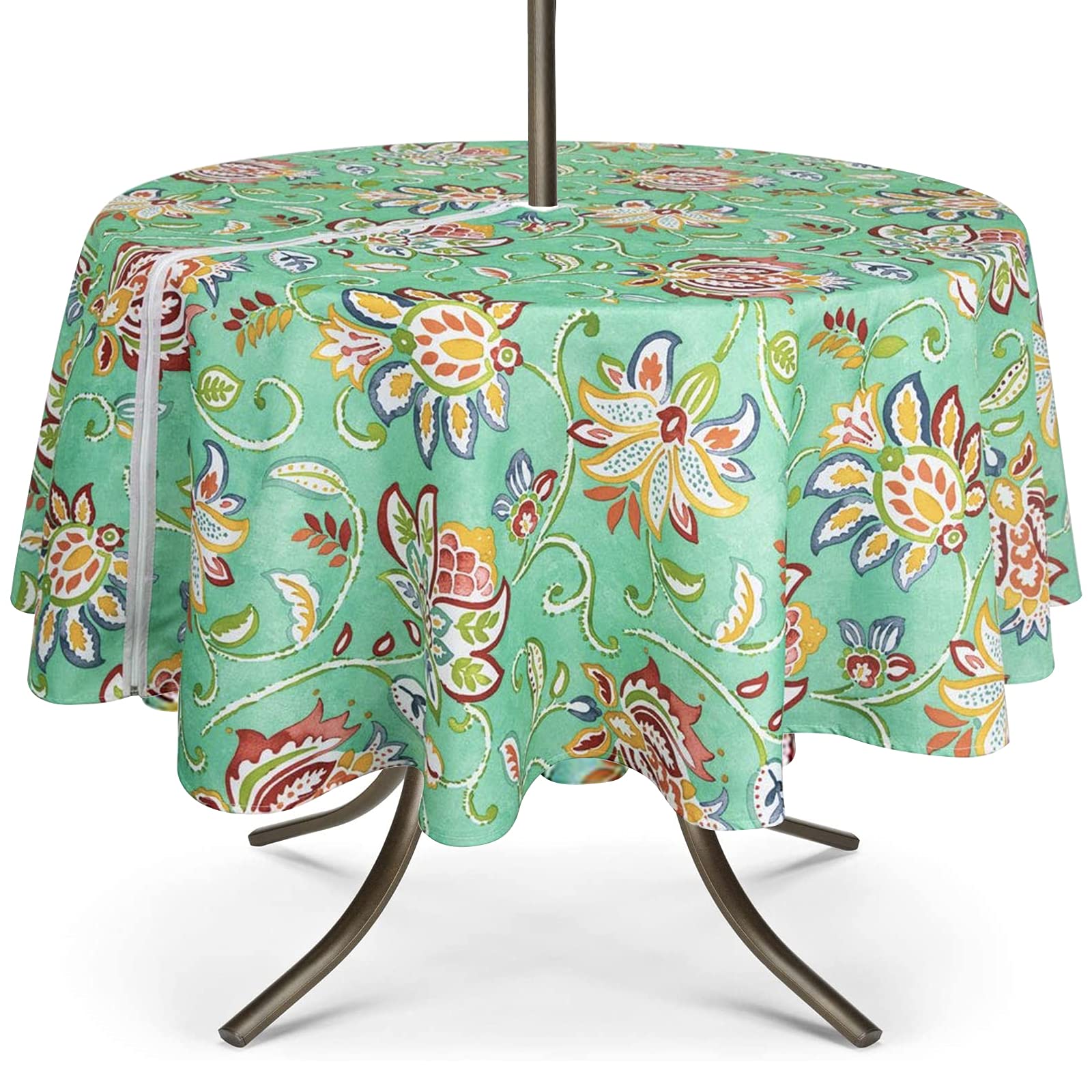 Umineux Outdoor Tablecloth With Umbrella Hole And Zipper, Spring/Summer Waterproof Table Cover For Picnic/Bbq/Garden(60' Round,Green Flower)