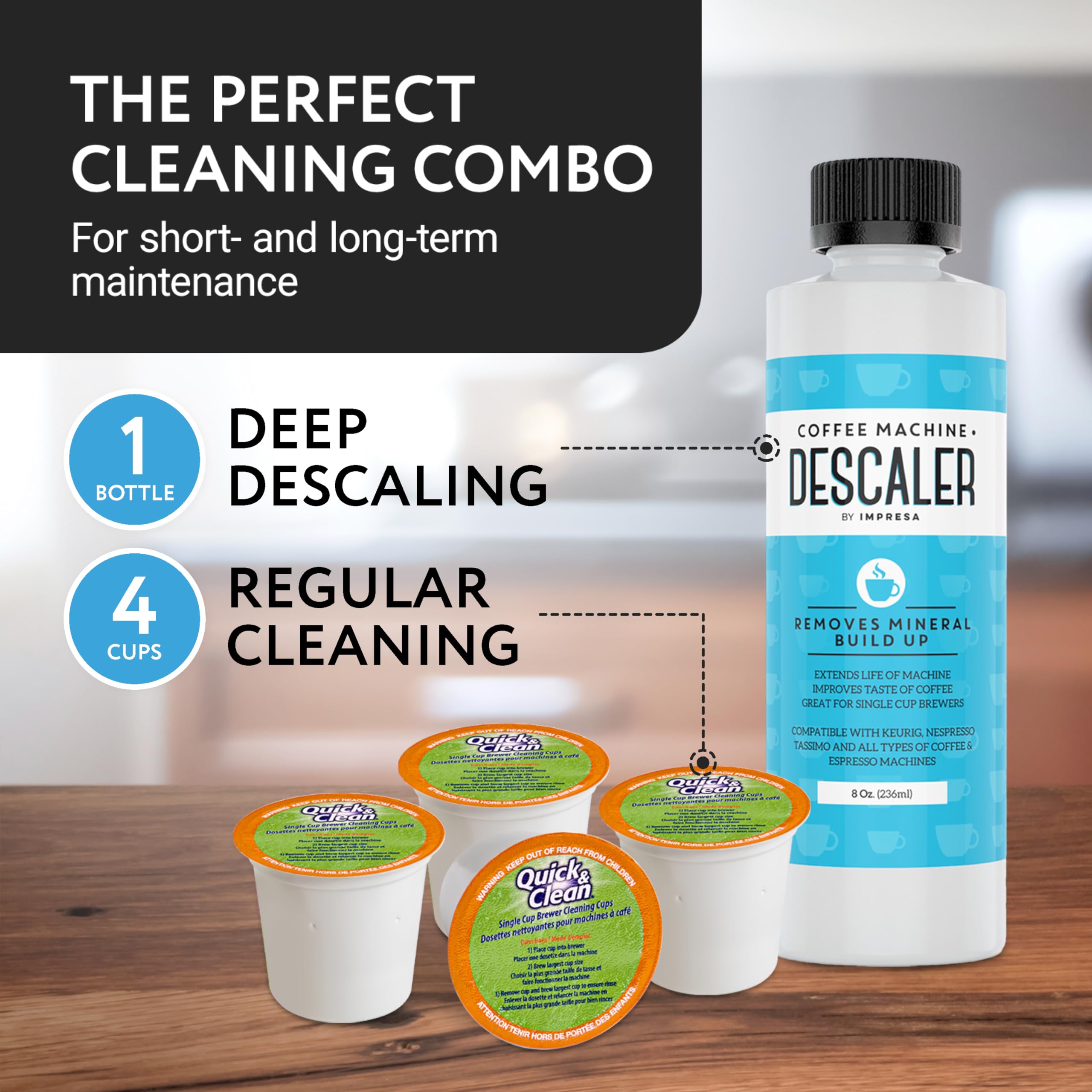 Impresa Descaler Solution And Cleaning Kit Bundle Pack - Includes 1 Bottle Of 8 Oz Coffee Descaler And 4 Cleaning Pods - All-In-