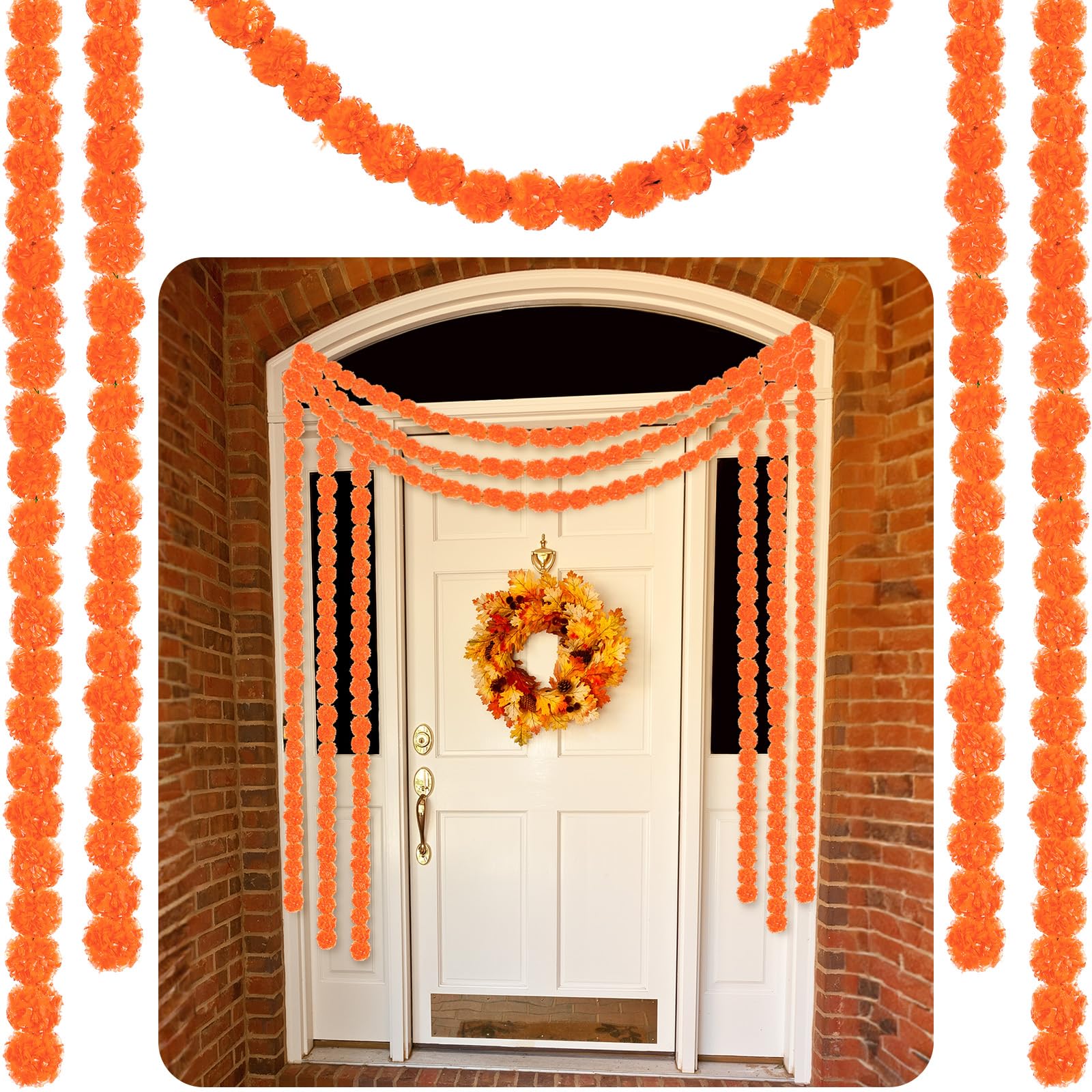 Yunsailing 5 Pcs 5 ft Indian Diwali Decoration Marigold Garland Day of The Dead Artificial Marigold Flowers Garland for Wedding 