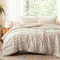 Luxudecor Beige Tufted Comforter Set Queen Size 3 Pieces Boho Shabby Chic Comforter Farmhouse Embroidery Bedding Set Soft Comfor