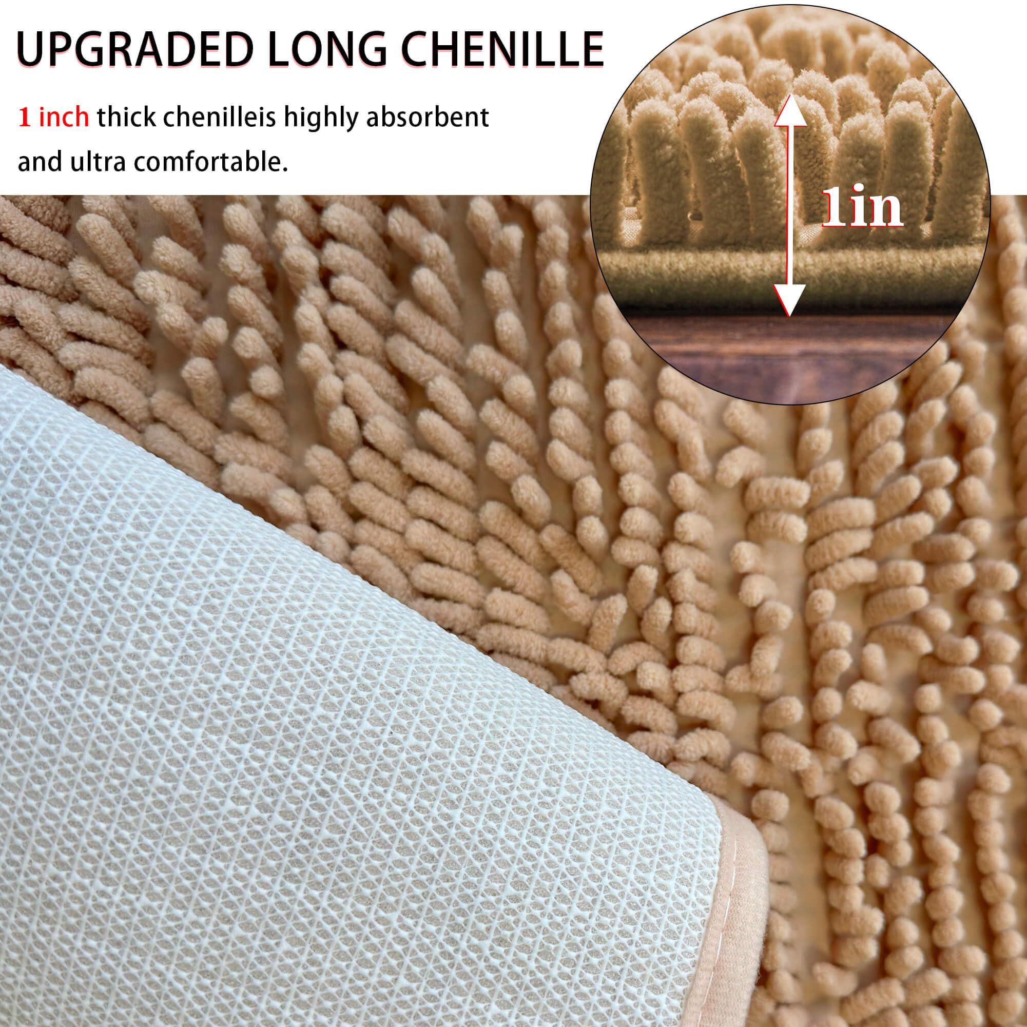 Eanpet Half Round Bath Mat, Non-Slip Beige Chenille, Water Absorbent, Ultra Soft, Washable, 19.6" x 31.5"