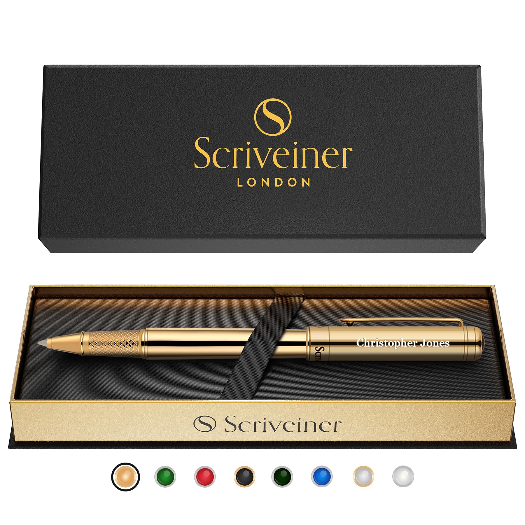 Scriveiner Personalized Gold Rollerball Pen - Stunning Luxury Pen With 24K Gold Finish, Schmidt Ink Refill, Best Engraved Roller