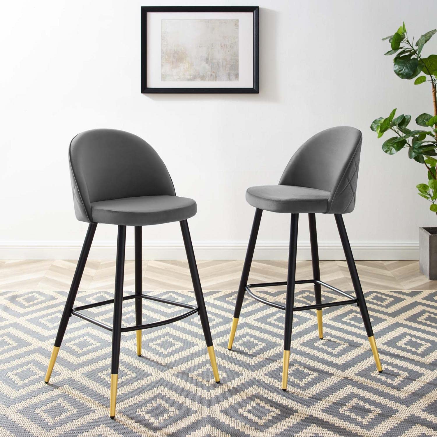 Modway Cordial Performance Velvet Dining Bar Stools in Gray - Set of 2