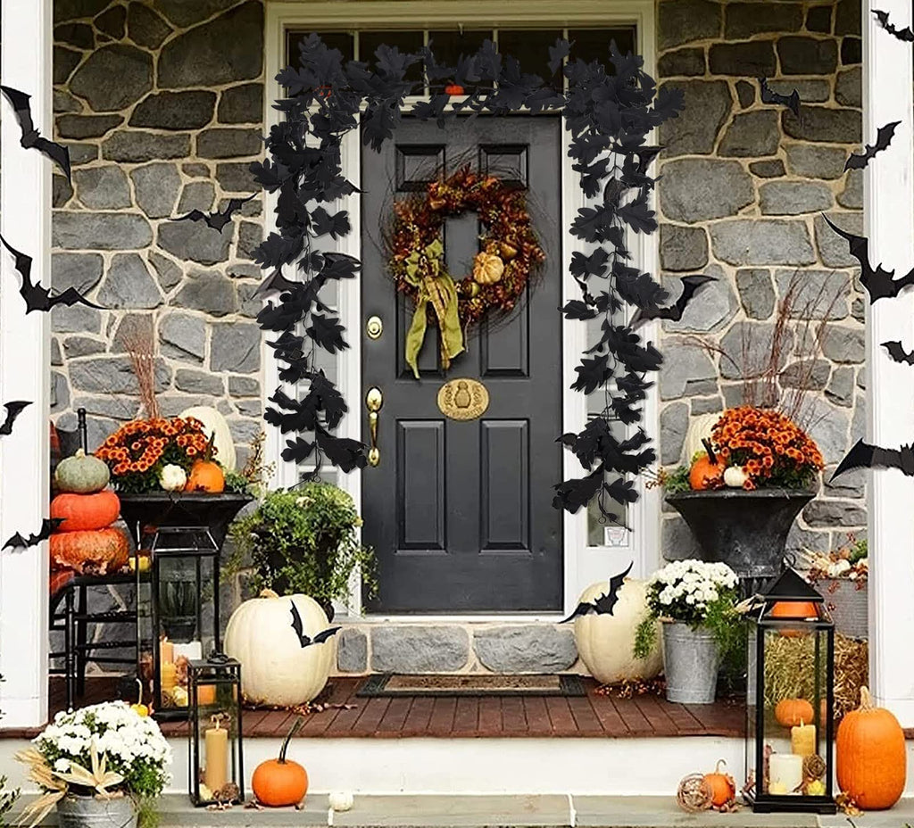 Recutms Black Leaf Garland 2Pcs 5.7 Ft Halloween Garland Fall Leaf Garland Artificial Hanging Black Maple Autumn Vine Leaf Fall