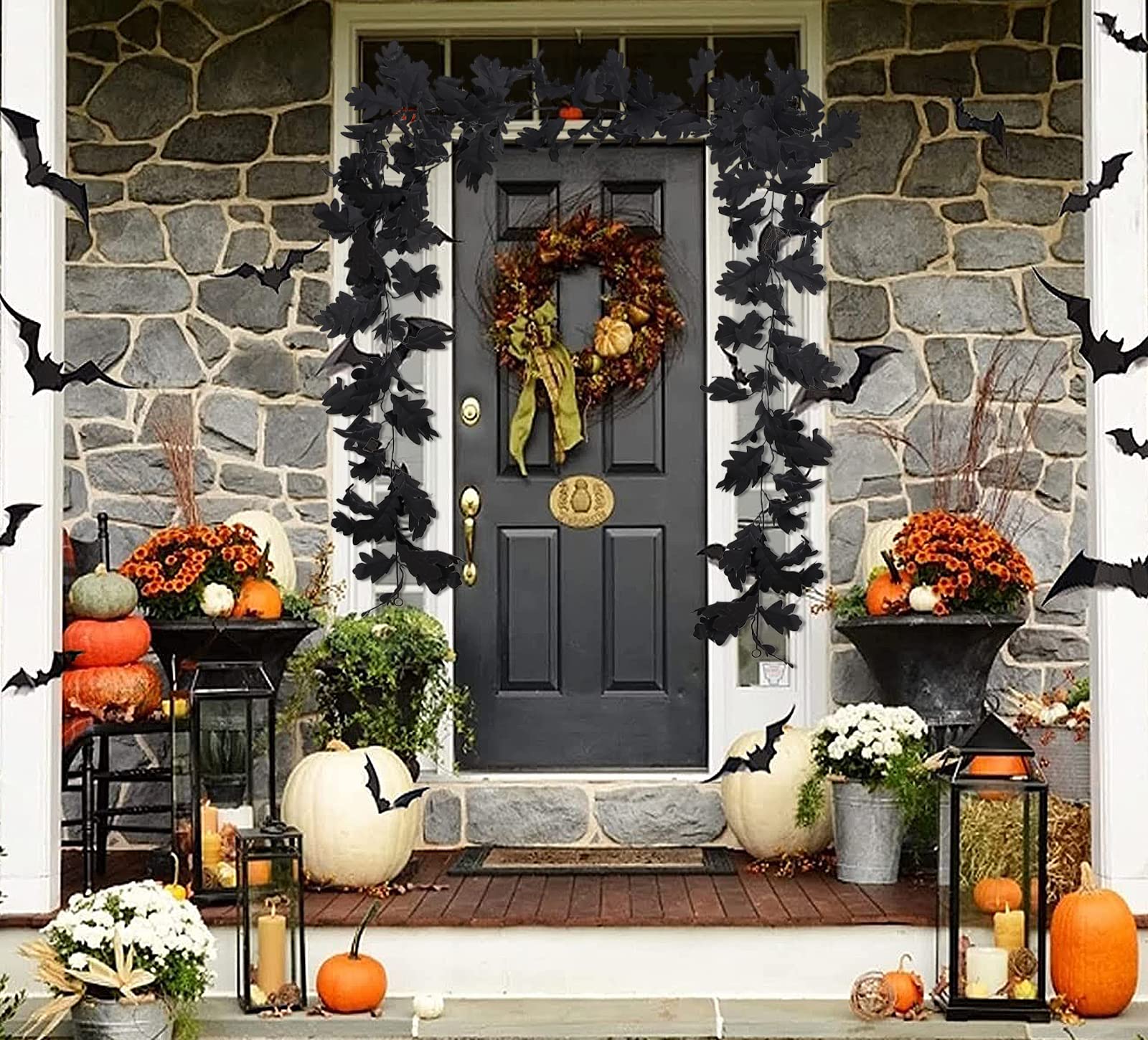 Recutms Black Leaf Garland 2Pcs 5.7 Ft Halloween Garland Fall Leaf Garland Artificial Hanging Black Maple Autumn Vine Leaf Fall