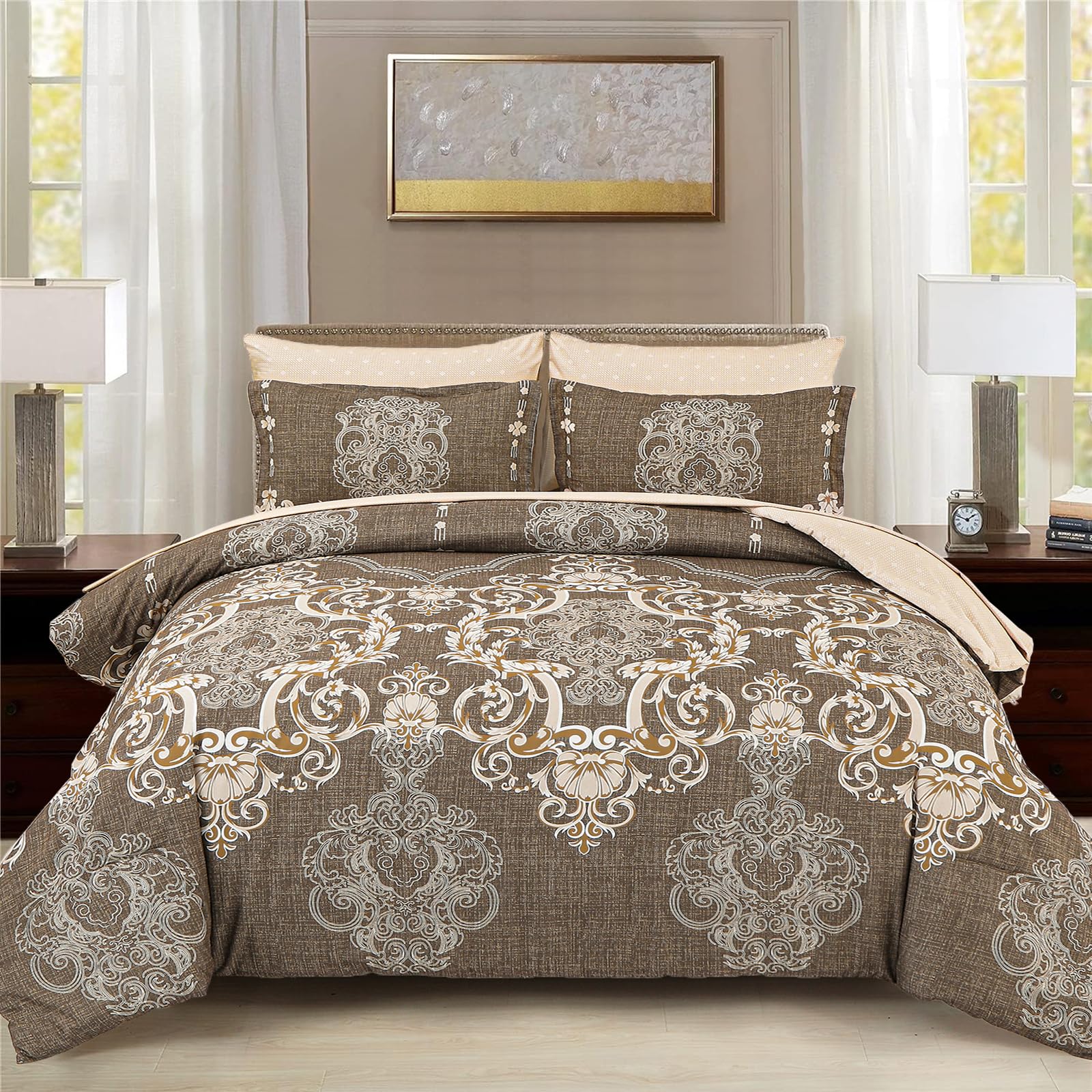 Mybedsoul King Size Comforter Set, 7 Pieces Boho Bed In A Bag For King Bed, Browm Damask Comforter Set With Sheet, Pillowcases &