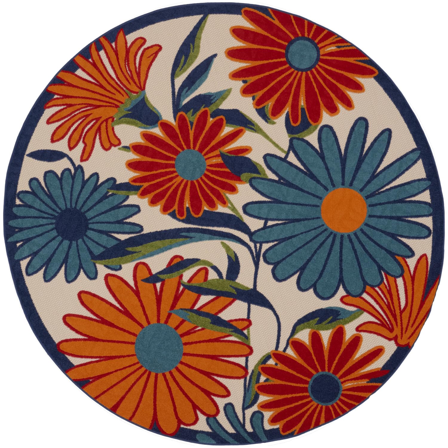 Nourison Aloha Outdoor Multicolor 4' X Round Area Rug, Easy Cleaning, Non Shedding, Bed Room, Living Room, Dining Room, Deck, Backyard, Patio (4 Round)