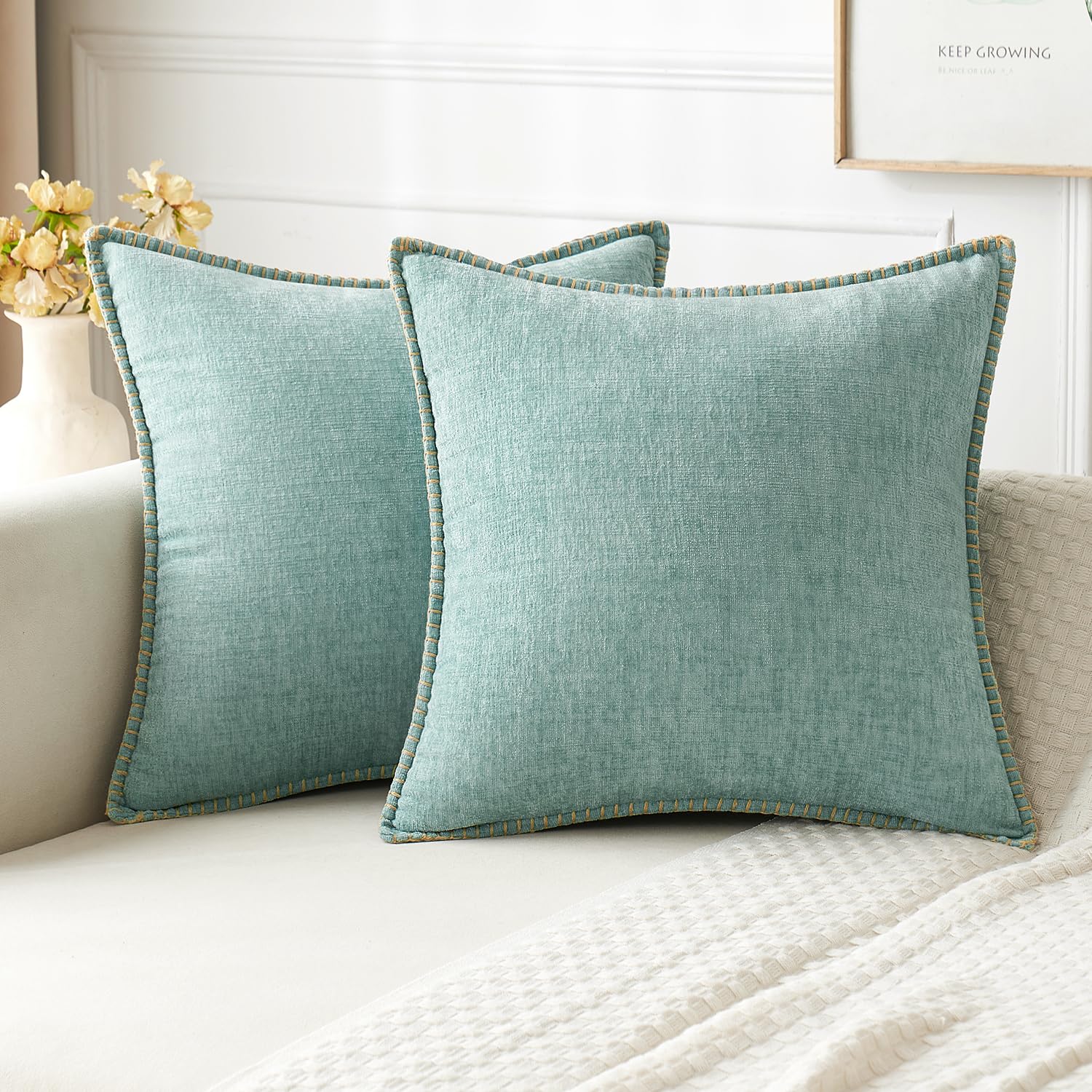 Miulee Pack Of 2 Couch Throw Pillow Covers 20X20 Inch Olive Green Farmhouse Decorative Pillow Covers With Stitched Edge Soft Chenille Solid Dyed Spring Pillow Covers For Sofa Bed Living Room