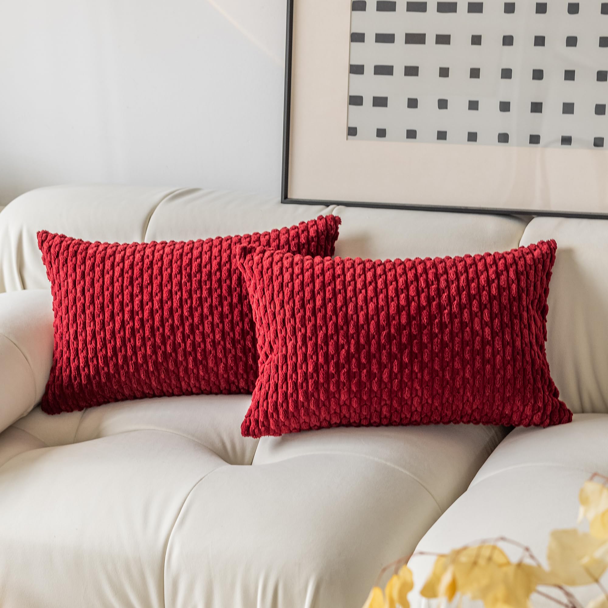 Kevin Textile Lumbar Throw Pillow Covers Ultra Soft Solid Striped Corduroy Rectangle Christmas Pillow Cover For Sofa 12 X 20 Inc