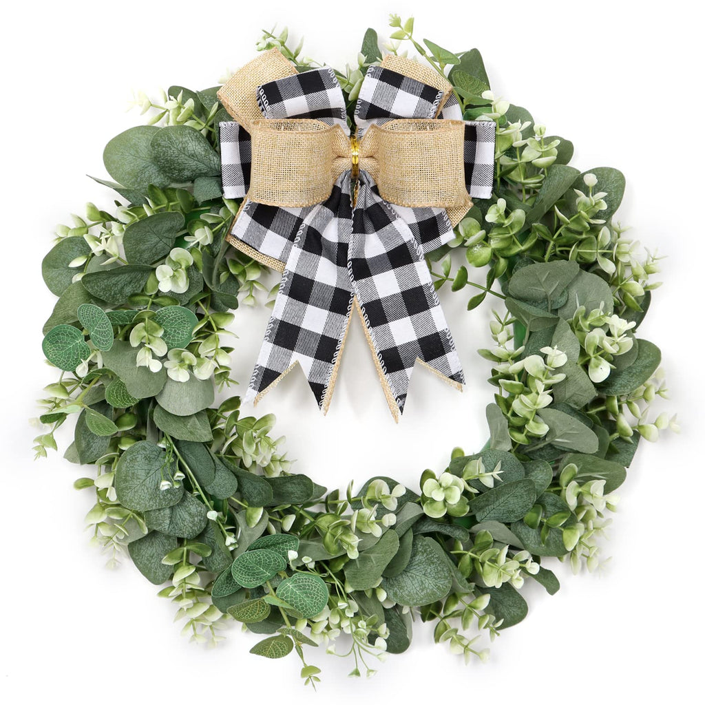 Dremisland Buffalo Plaid Wreath-16 Inch Artificial Eucalyptus Wreath with Plaid Bow | Spring Summer Fall Wreath for Front Door F