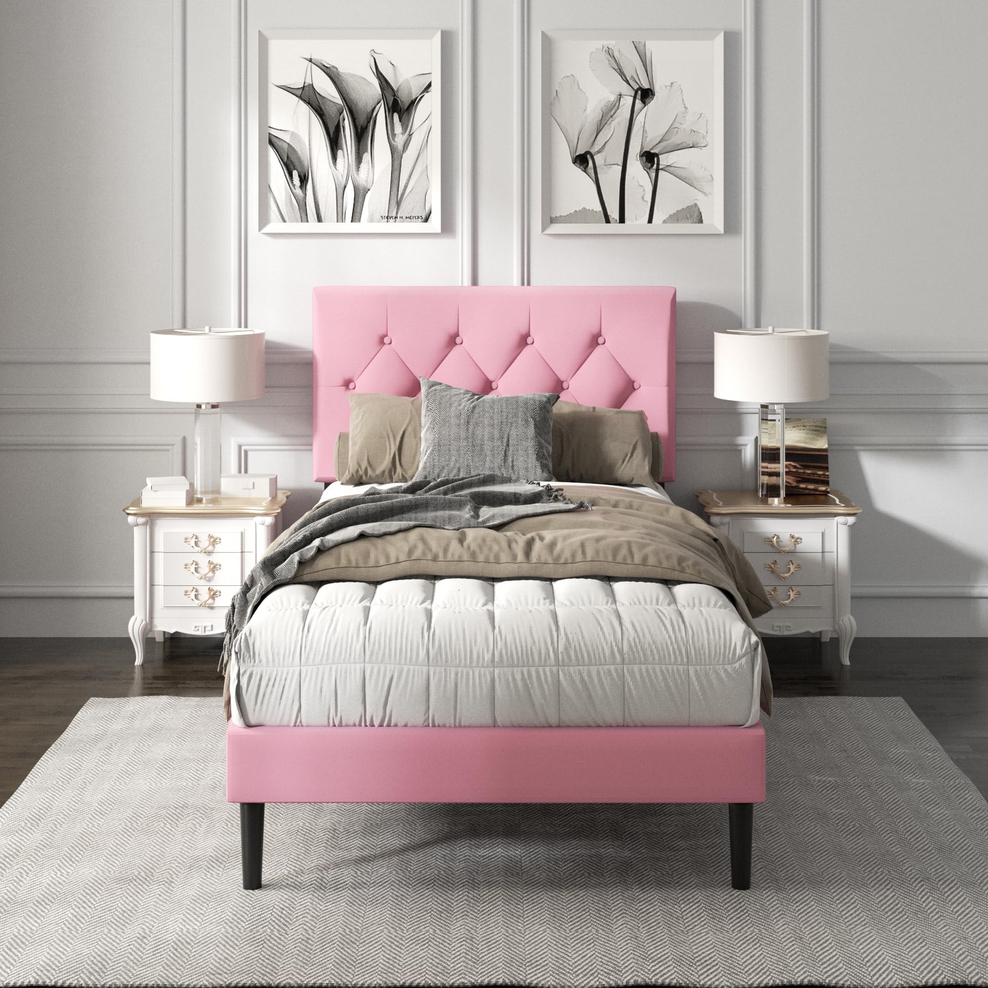 Haoara Twin Size Platform Bed Frame With Upholstered Button Tufted Headboard, Mattress Foundation With Wooden Slat Support, Noise Free, No Box Spring Needed, Easy Assembly, Pink Velvet