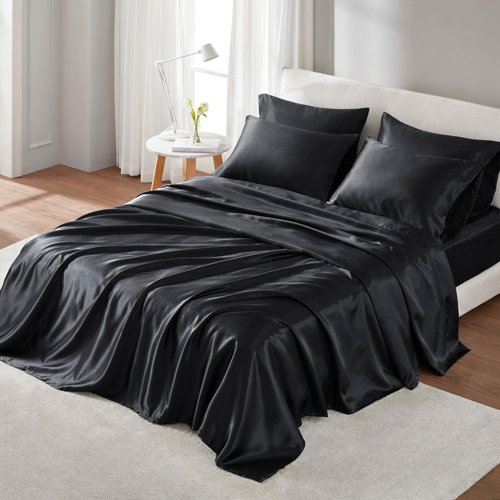 Madison Park Essentials Satin Sheets Twin Size, Luxurious Silky Satin Bed Sheets, Elastic 14' Pocket Fits Up To 16' Mattress, Wrinkle-Free, Soft Satin Bed Sheet Set, Black 4 Piece