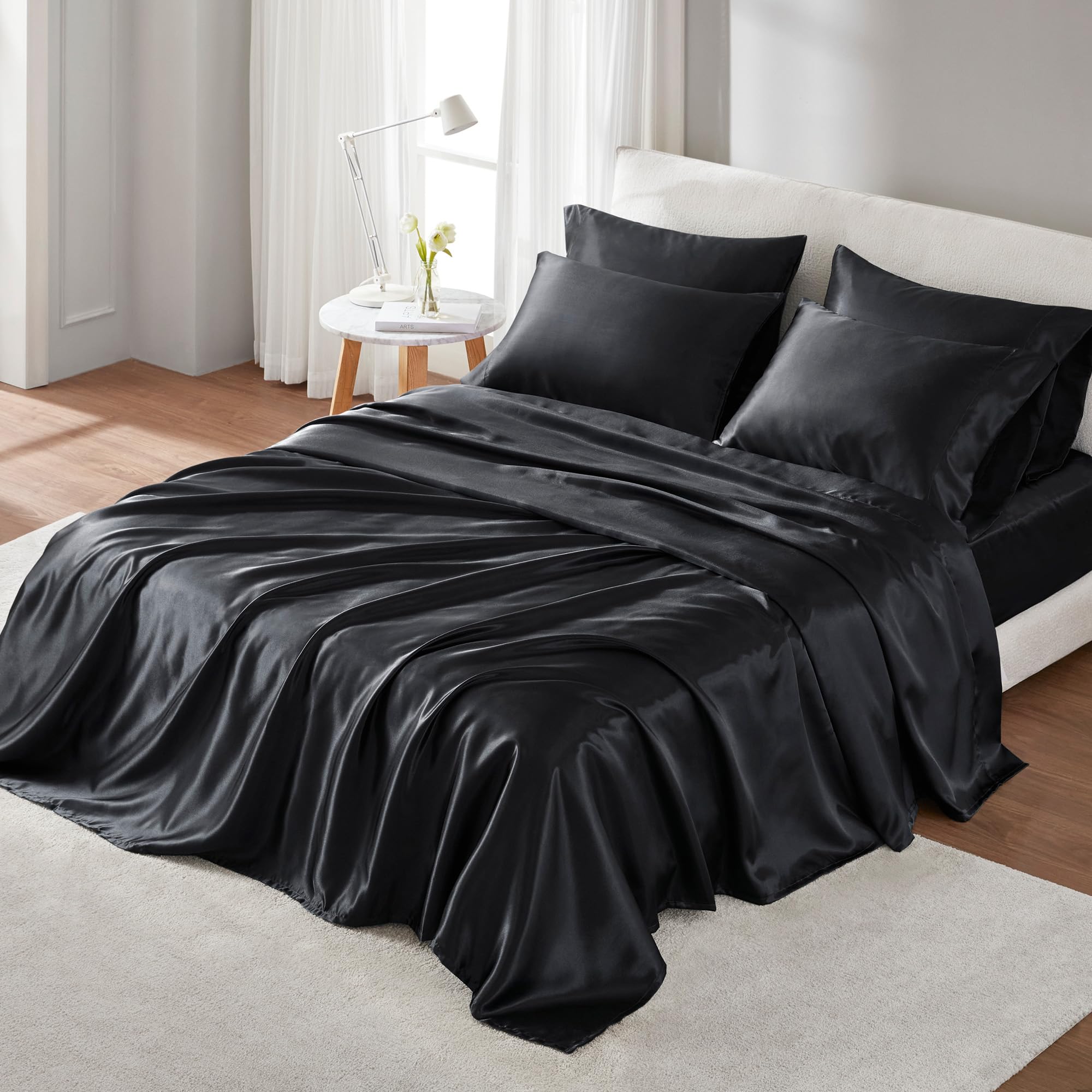 Madison Park Essentials Satin Sheets Twin Size, Luxurious Silky Satin Bed Sheets, Elastic 14' Pocket Fits Up To 16' Mattress, Wrinkle-Free, Soft Satin Bed Sheet Set, Black 4 Piece