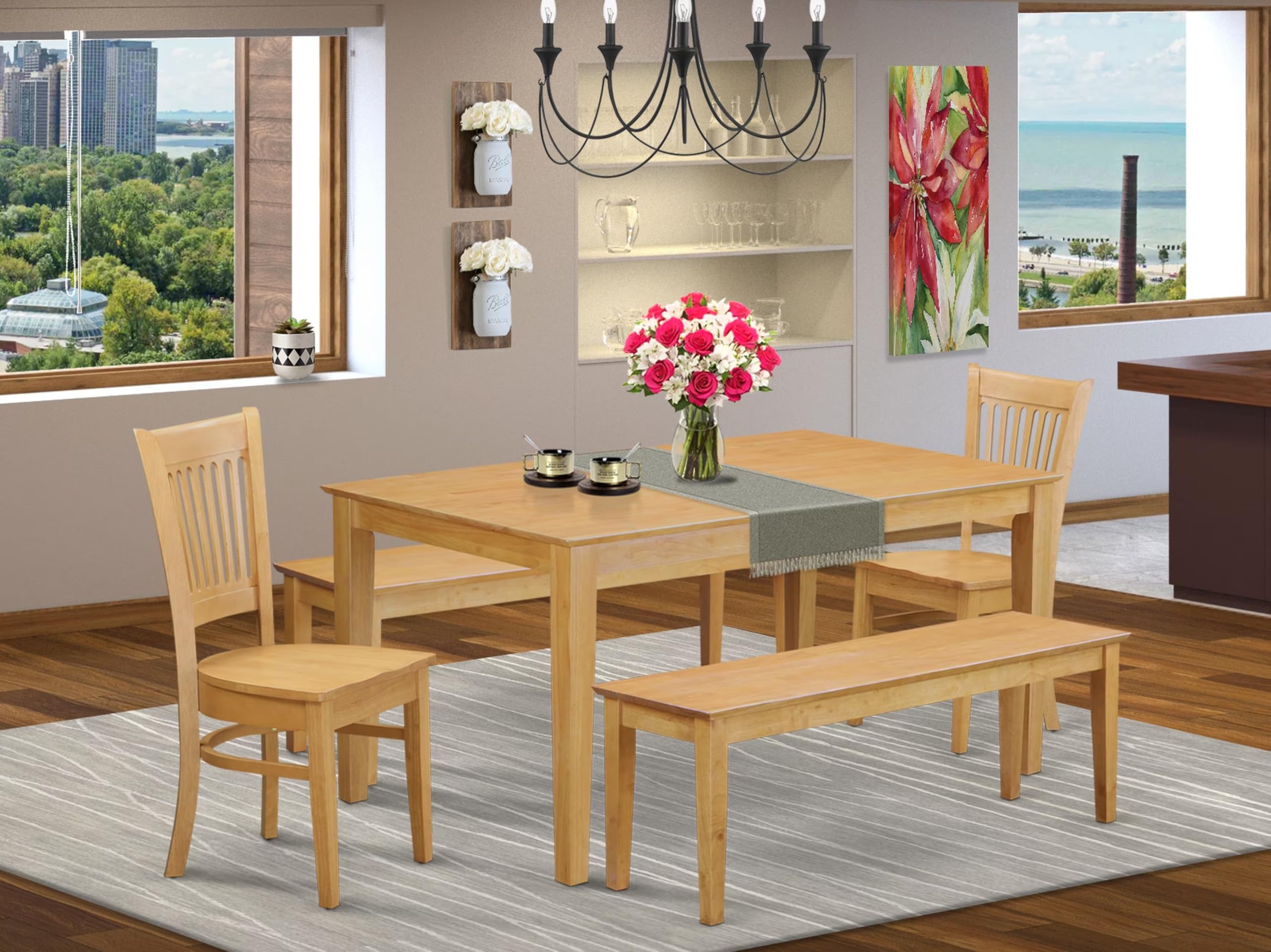 East West Furniture CAVA5C-OAK-W 5 Piece Dining Room Table Set Includes a Rectangle Kitchen Table and 2 Dining Chairs with 2 Benches, 36x60 Inch, Oak