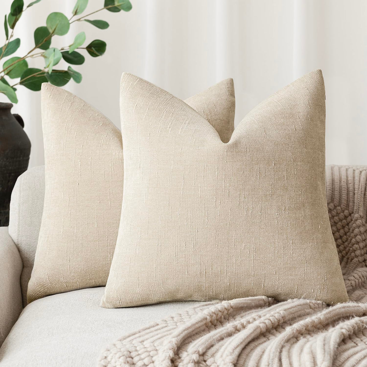 Foindtower Pack Of 2 Soft Textured Chenille Throw Decorative Pillow Covers Square Accent Solid Cushion Cover Cozy Neutral Farmho