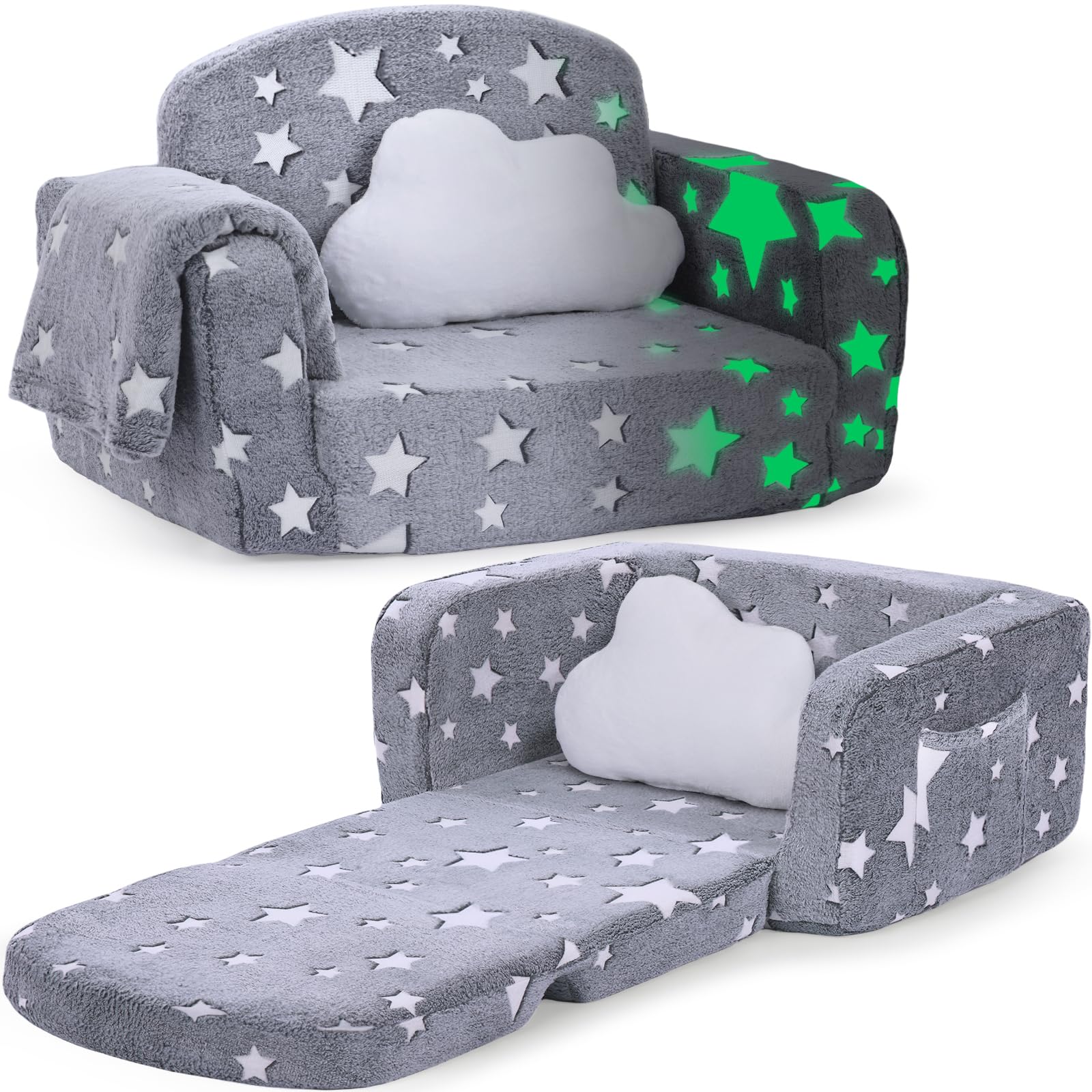 Kids Couch, 2-in-1 Soft Toddler Couch Fold Out with with Blanket and Cloud Pillow, Glow in The Dark, Toddler Chair Comfy, Conver