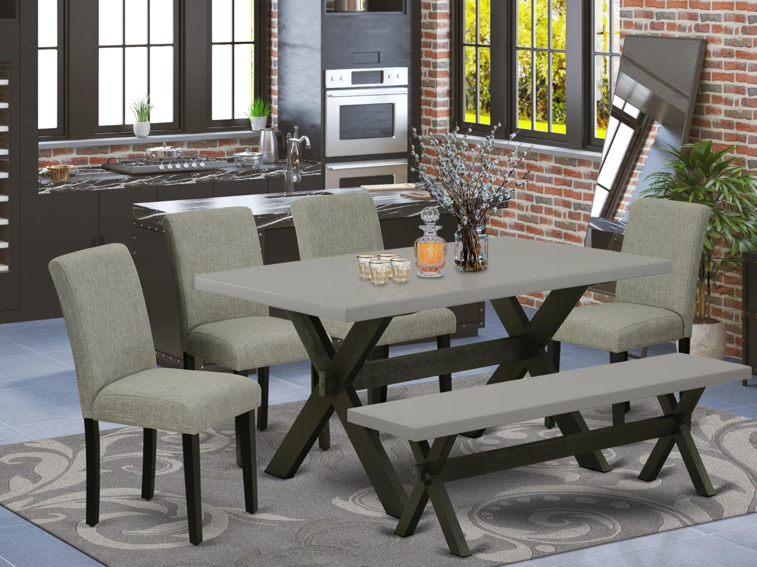 East West Furniture X696Ab106-6 6 Piece Dining Room Set Contains A Rectangle Dining Table With X-Legs And 4 Shitake Linen Fabric Parson Chairs With A Bench, 36X60 Inch, Multi-Color