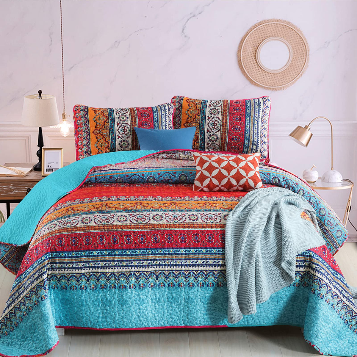 Wongs Bedding Bohemian Quilt Set King Size, Boho Striped Printed Quilts Bedspread Set For All Seasons, Lightweight Microfiber Co