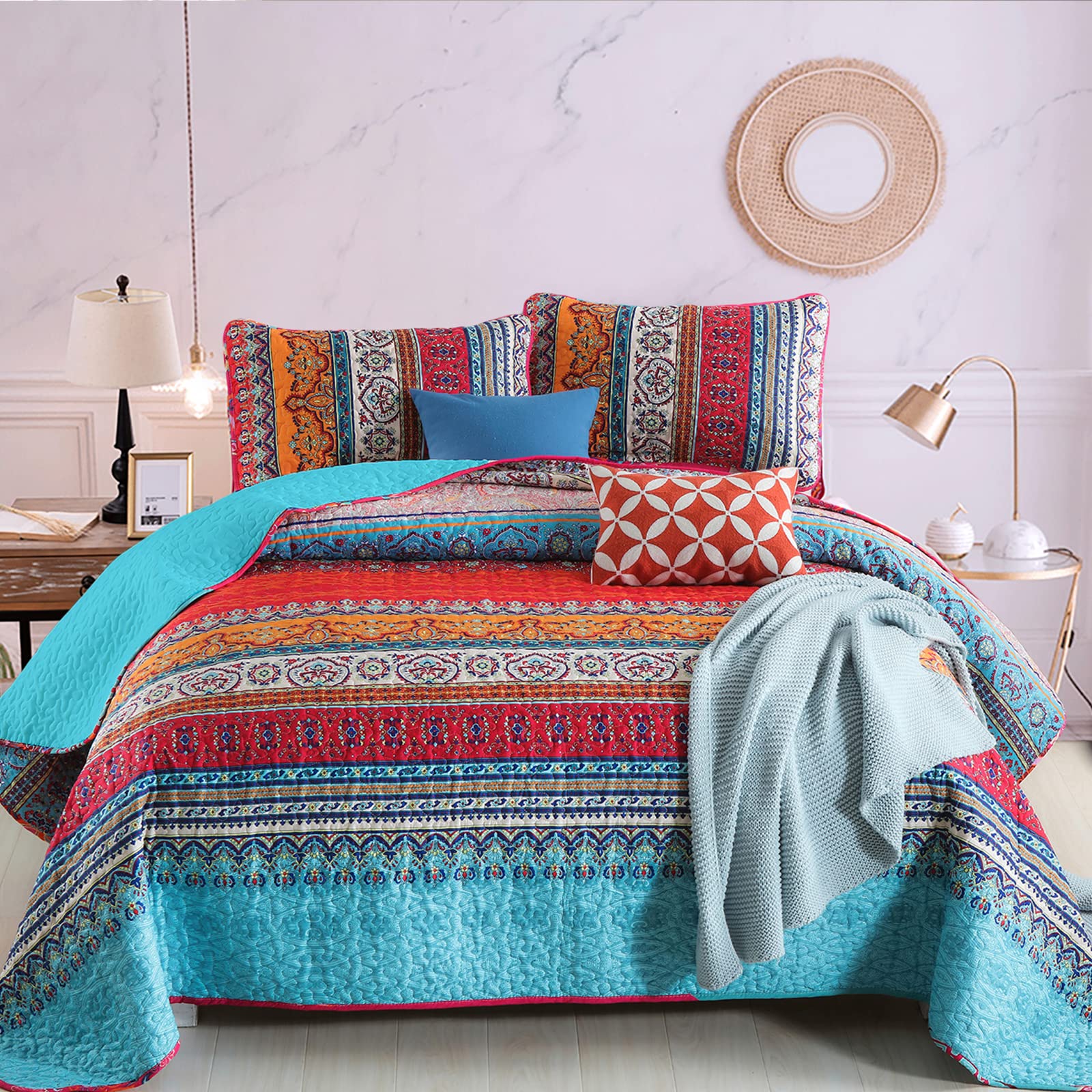 Wongs Bedding Bohemian Quilt Set Queen Size, Boho Striped Pattern Quilts Bedspread Set For All Season, Soft Microfiber Bedding C